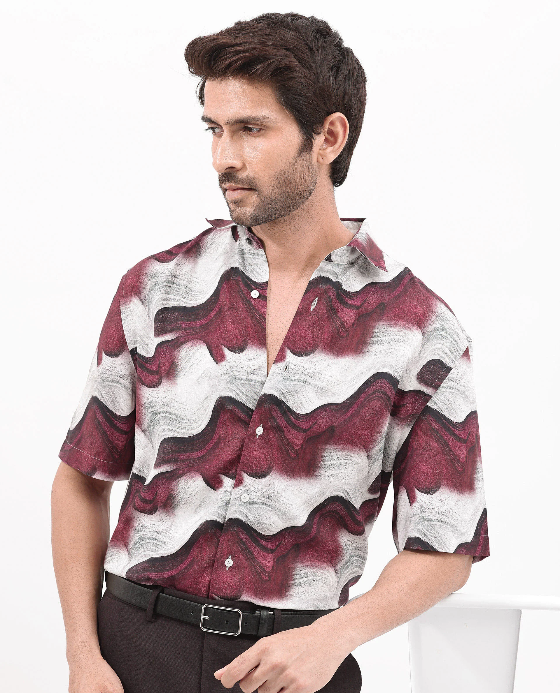 Rare Rabbit Men's Tijon Dark Red Viscose Abstract Print Regular Fit Half Sleeve Collared Shirt