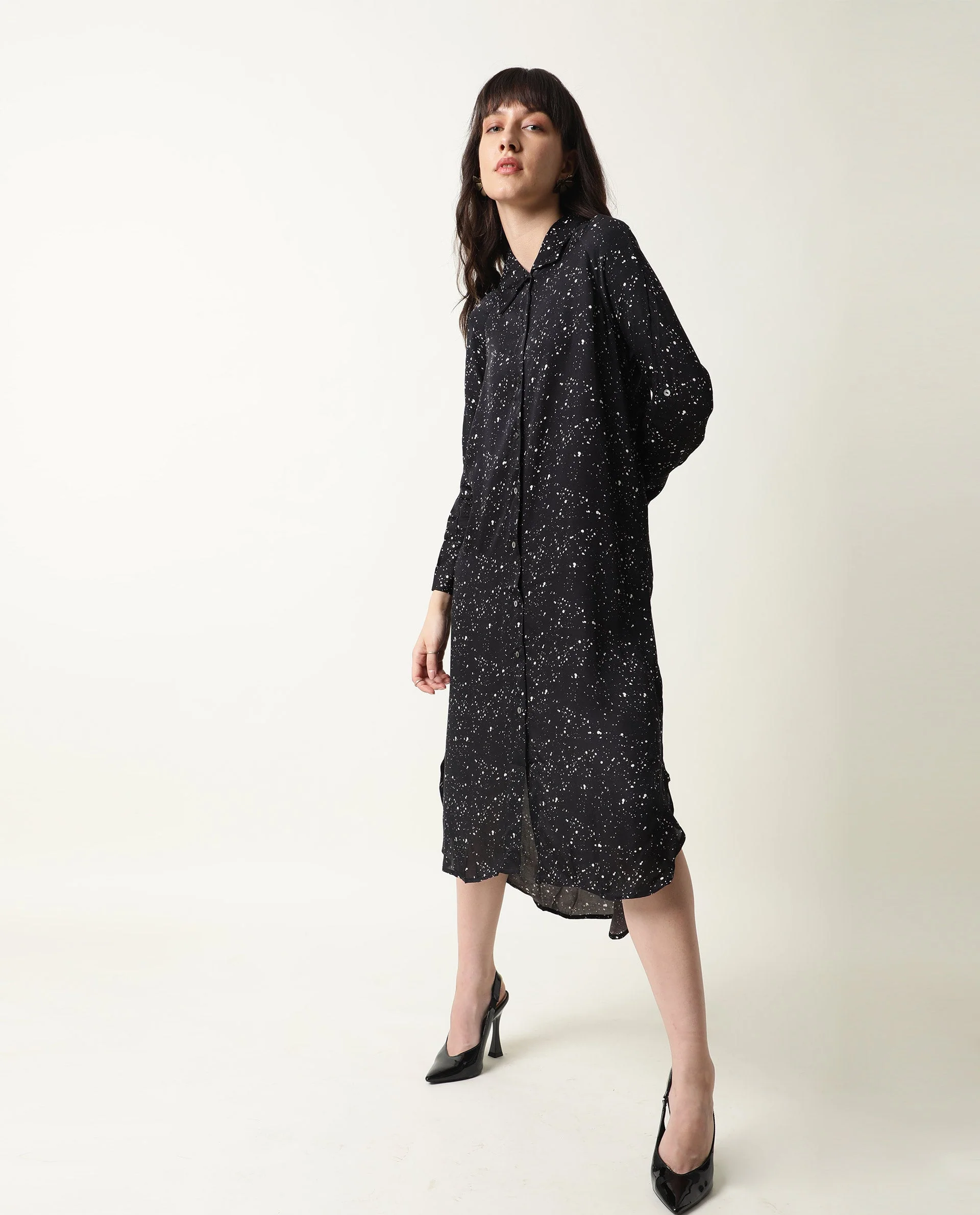 Rareism Womens Timid Black Dress Modal Fabric Regular Fit 3/4 Sleeve Collared Neck