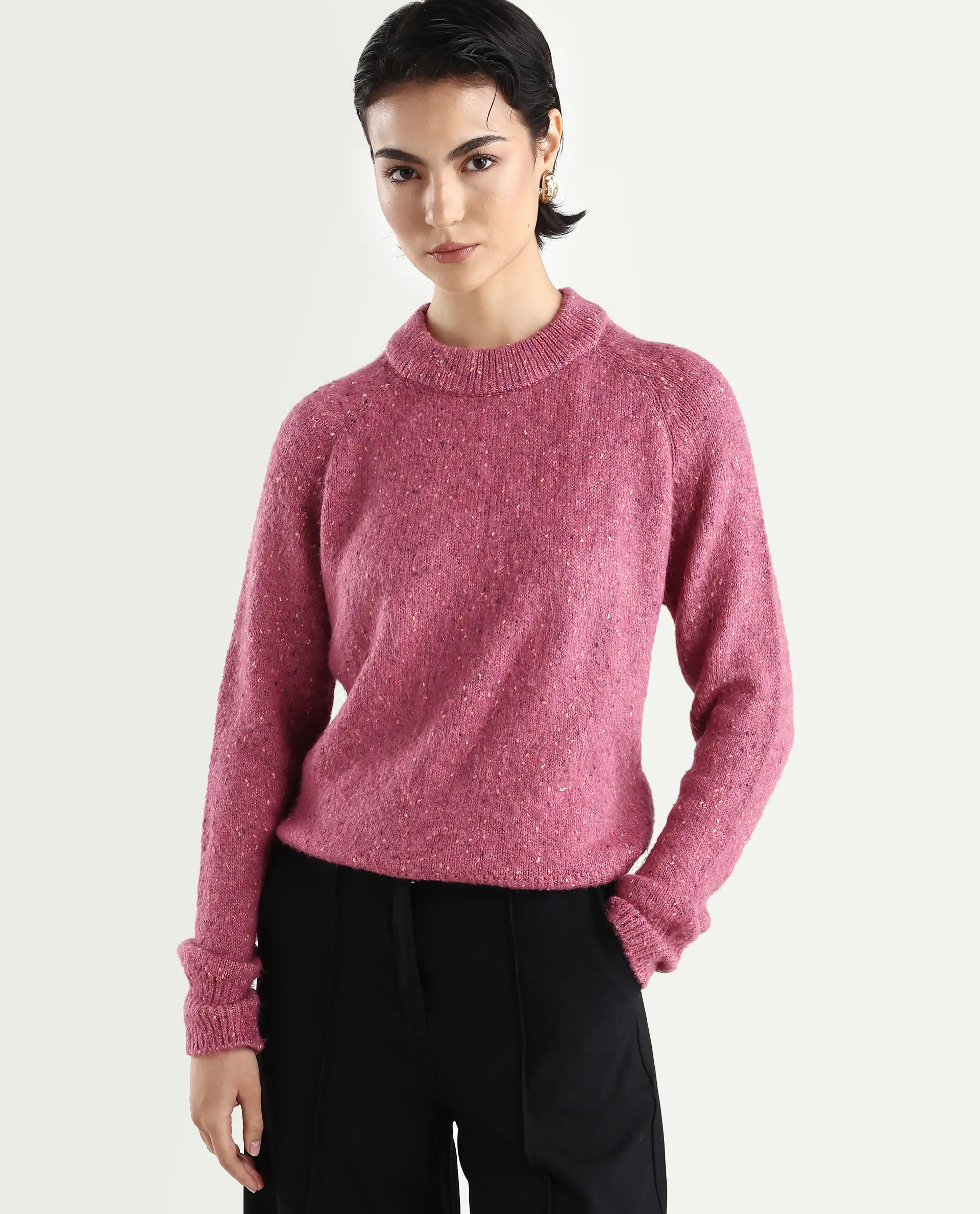 Rareism Women's Tinzol Light Pink Acrylic Blend Crew Neck Relaxed Fit Plain Sweater