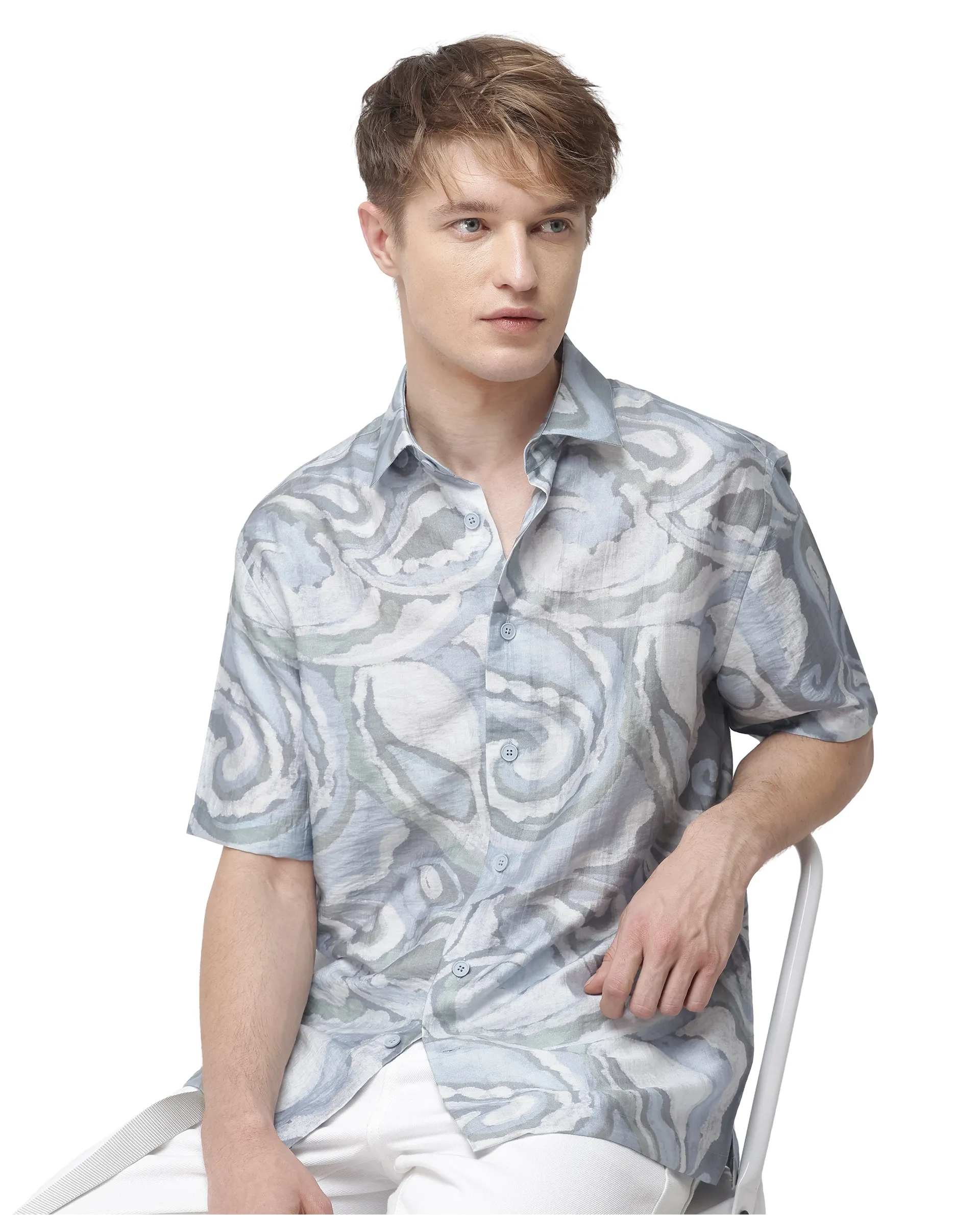 Rare Rabbit Men's Tiro Dusky Green Viscose Blend Floral Print Relaxed Fit Half Sleeve Collared Shirt