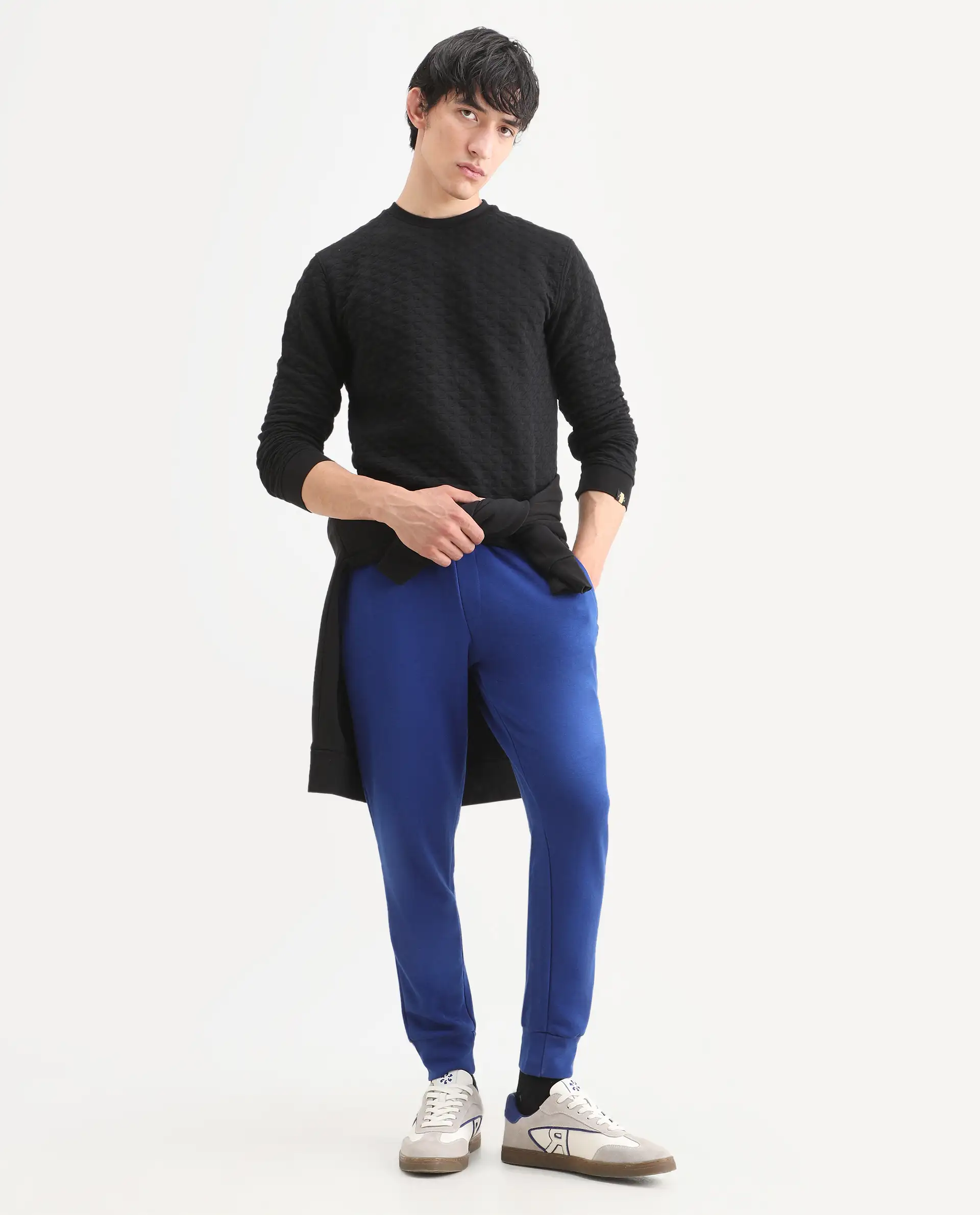 Rare Rabbit Men's Titan Blue Cotton Plain Regular Fit Joggers