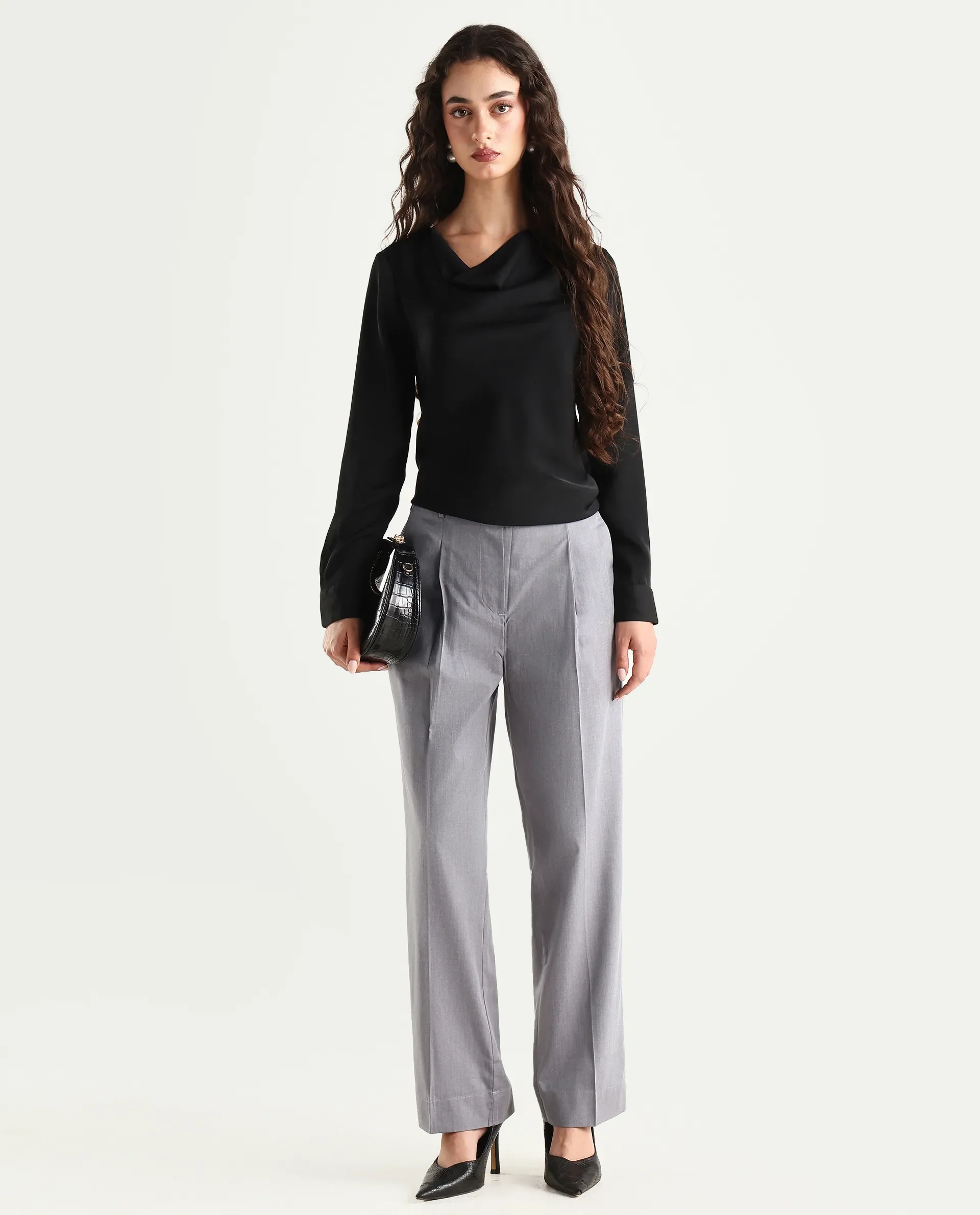 Rareism Women's Tiza Grey Polyester Blend Plain Ankle Length Straight Fit Trouser