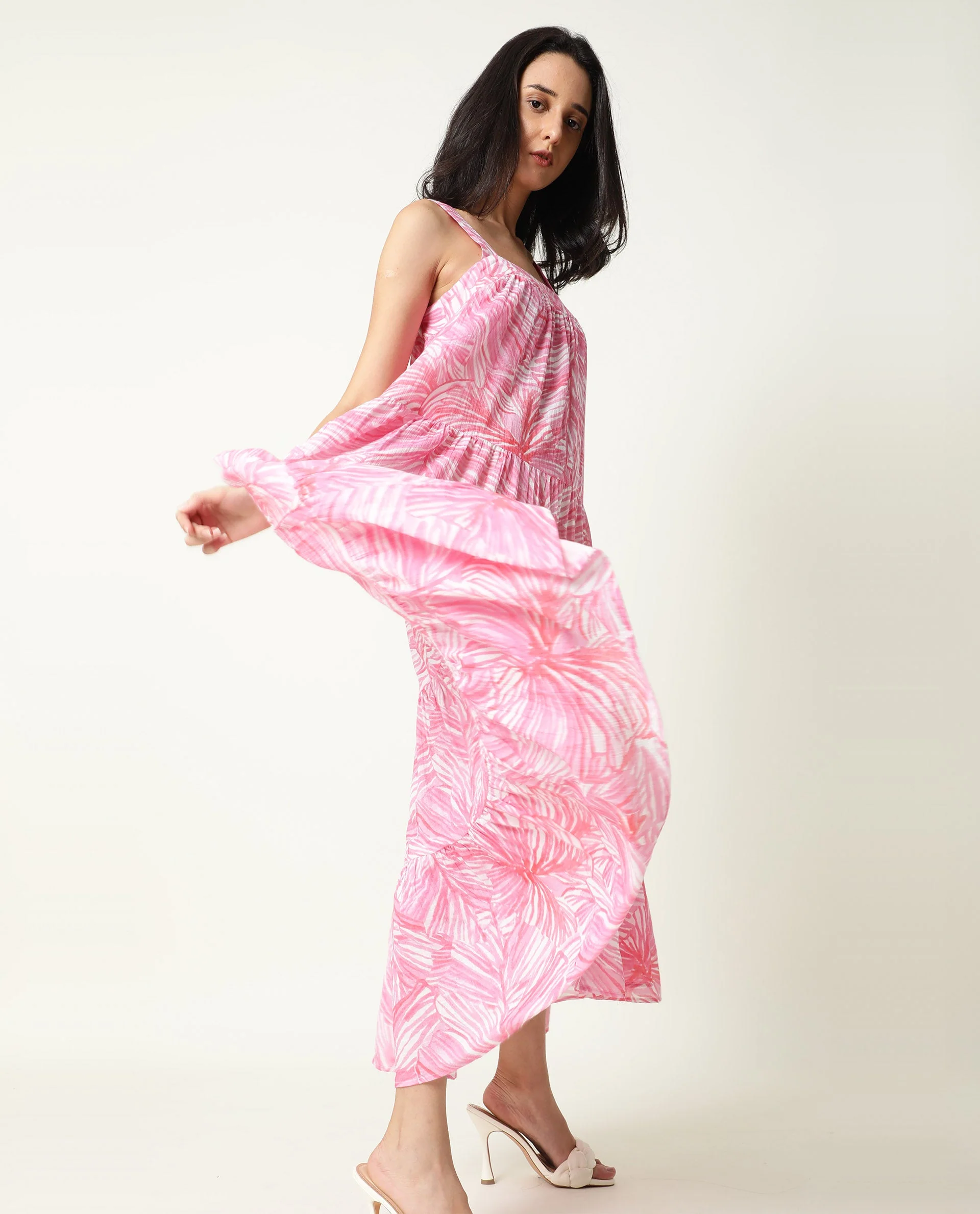 Rareism Women's Toddle Pink Polyester Blend Square Neck Floral Print Shoulder Strap Maxi Flared Dress