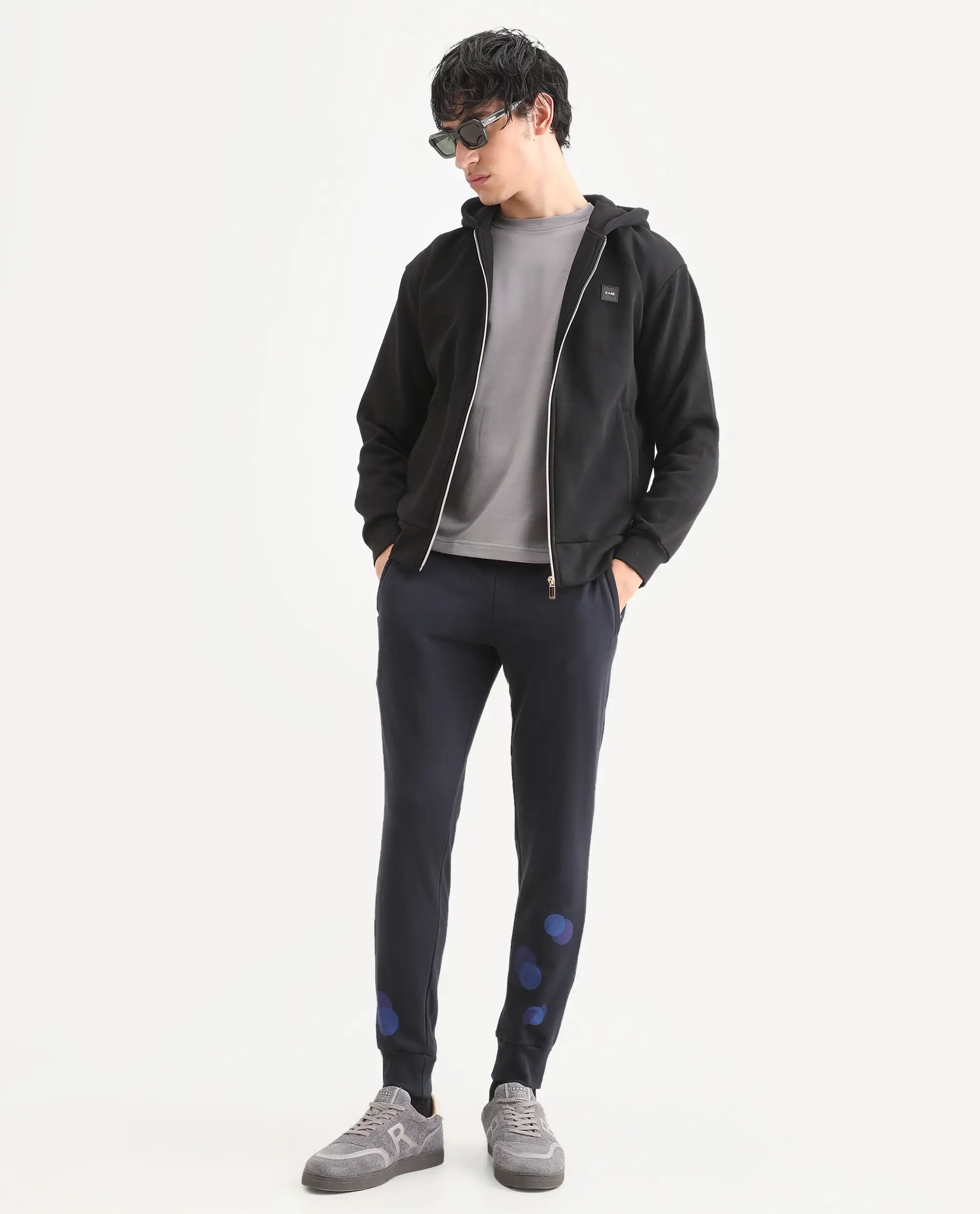 Rare Rabbit Men's Toka Navy Cotton Polka Print Regular Fit Joggers