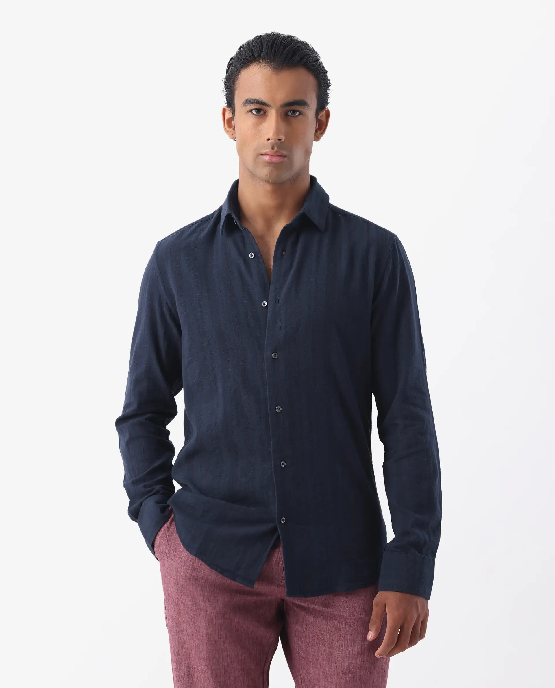 Rare Rabbit Men's Tolic Navy 100% Linen Striped Print Regular Fit Full Sleeve Collared Shirt
