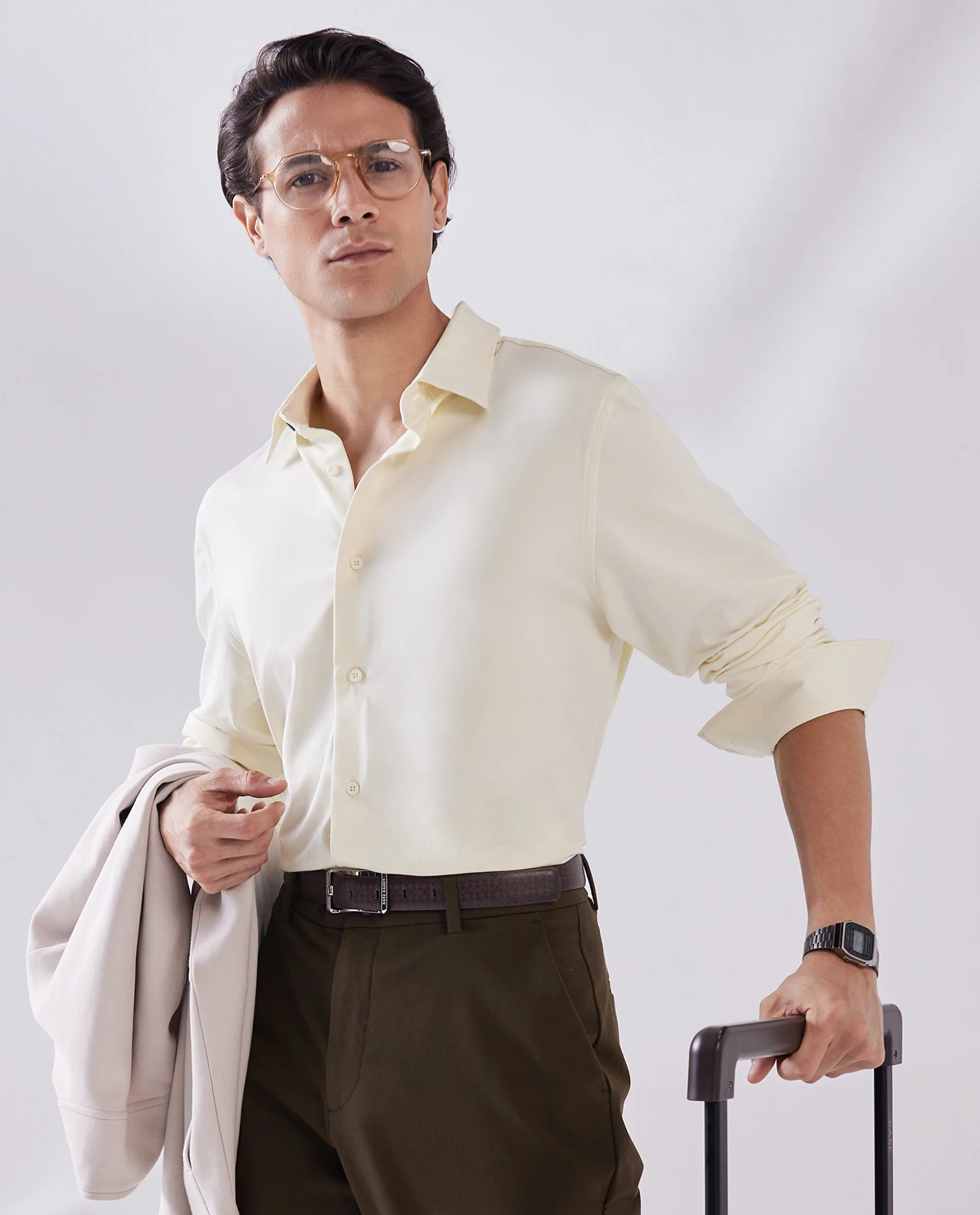 Rare Rabbit Men's Tour Pastel Yellow Cotton Blend Plain Regular Fit Full Sleeve Collared Shirt