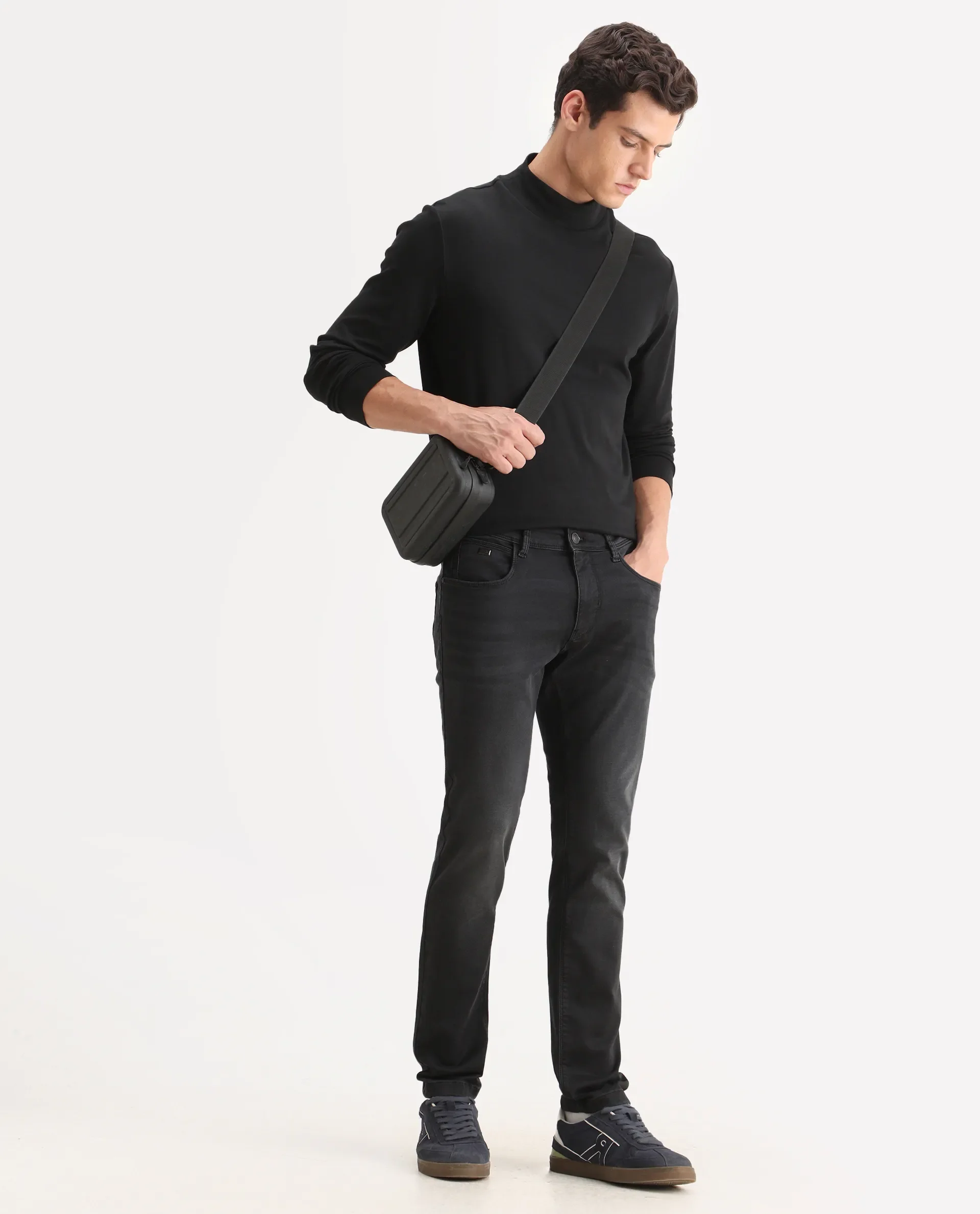Rare Rabbit Men's Tours-1 Dark Grey Cotton Blend Fabric Hawk Slim Plain Jeans