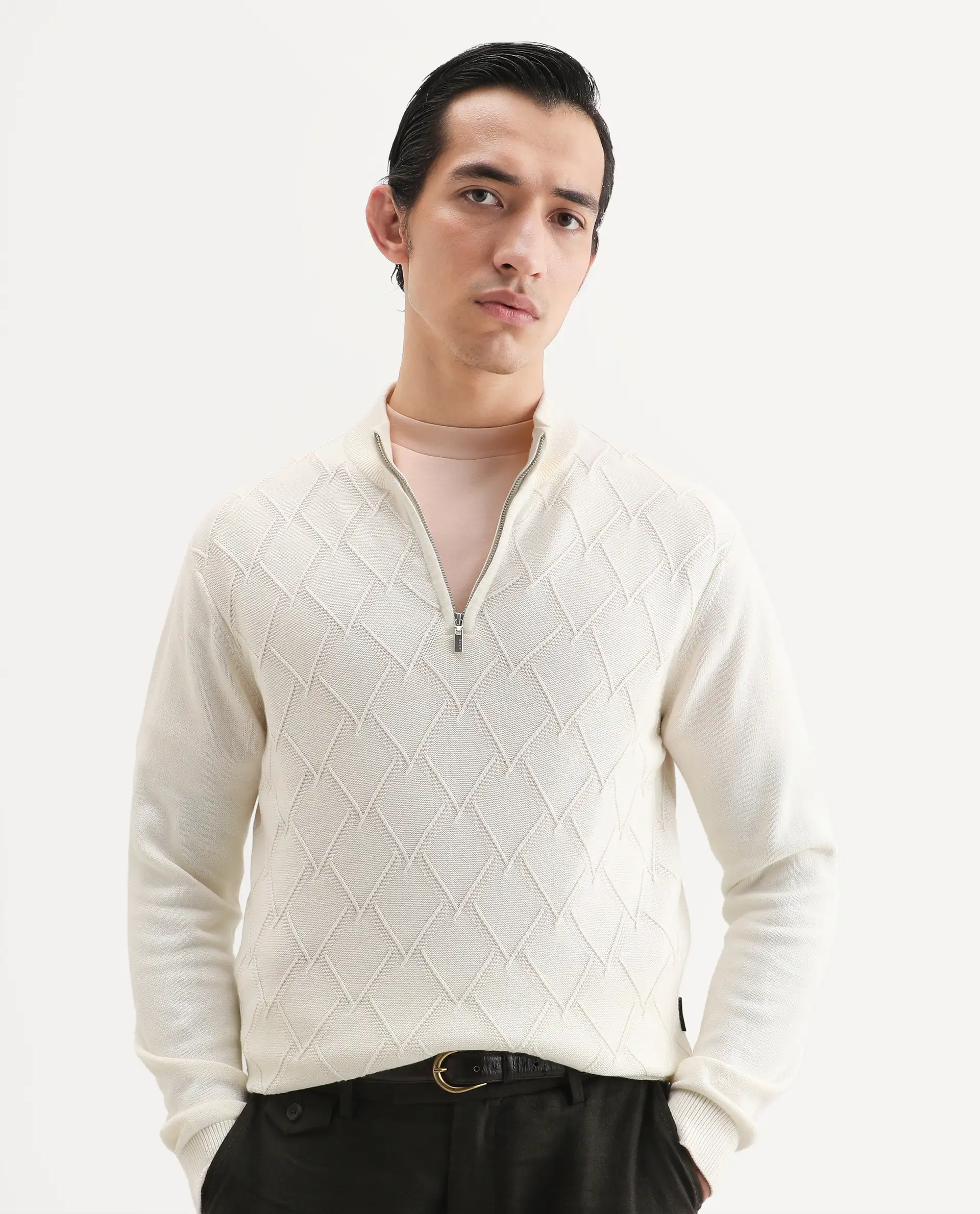 Rare Rabbit Men's Toyder Off White Cotton Textured Regular Fit Full Sleeve High Neck Sweater