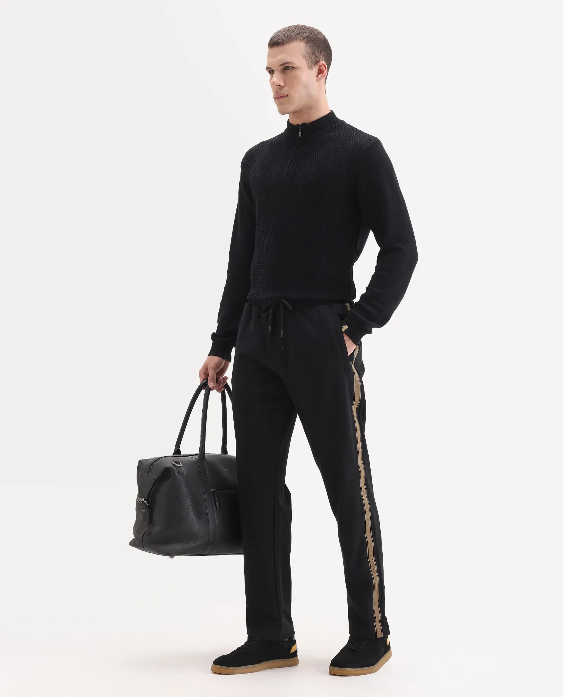 Rare Rabbit Men's Tracksign Black Cotton Plain Regular Fit Trouser