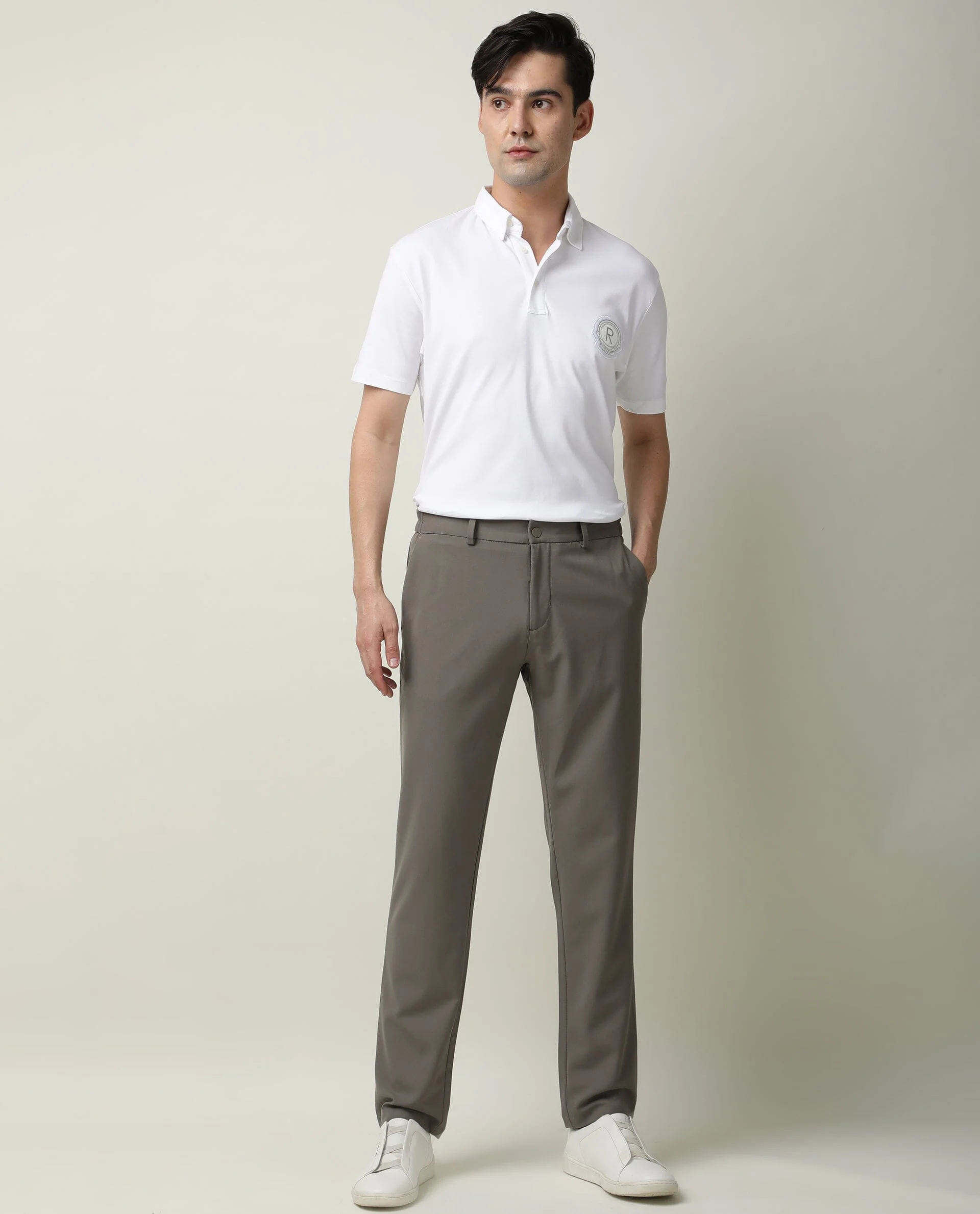 Rare Rabbit Men's Travel-2 Beige Solid Mid-Rise Slim Fit Stretch Trousers