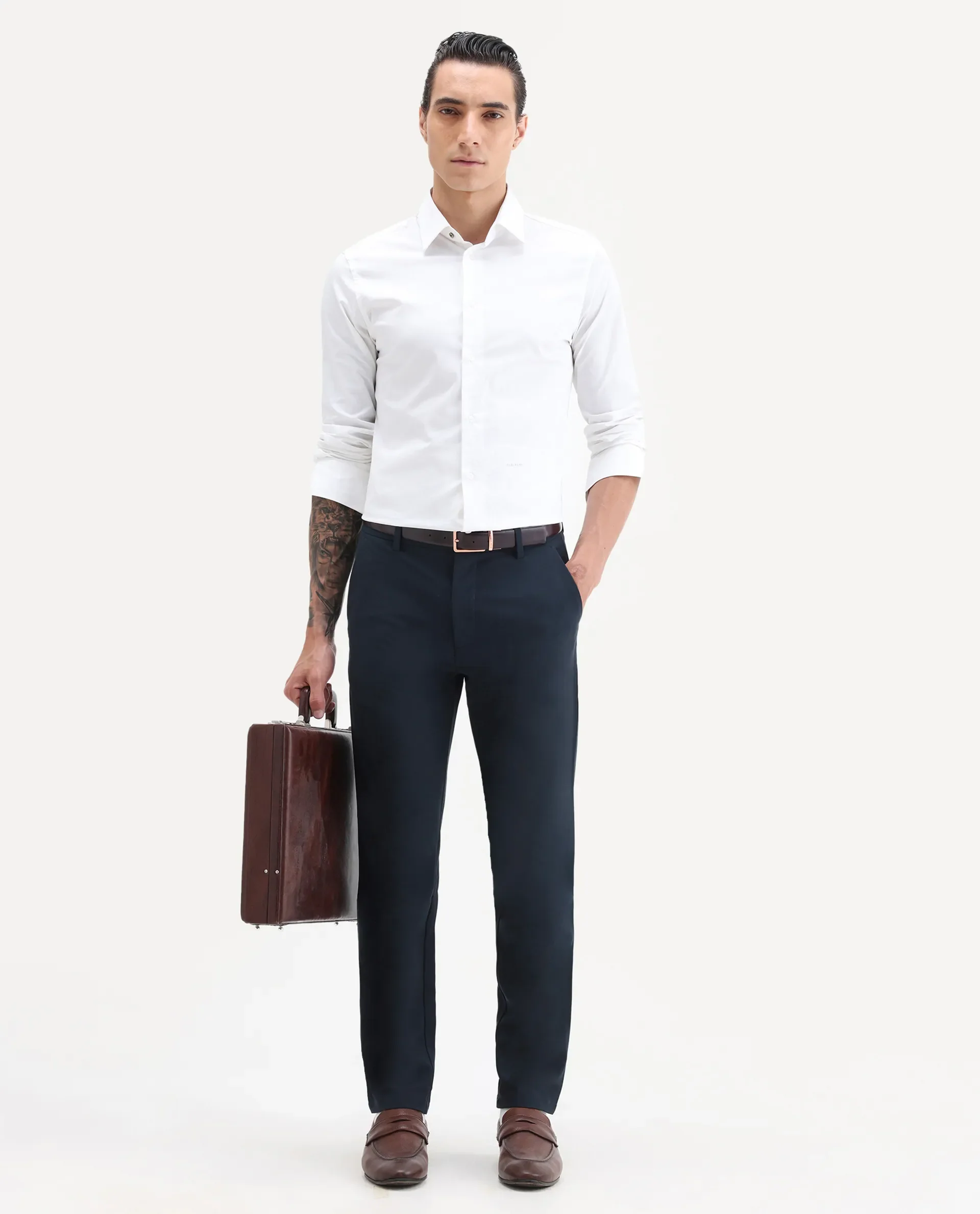 Rare Rabbit Men's Travel-25 Navy Polyester Blend Plain Regular Fit Trouser
