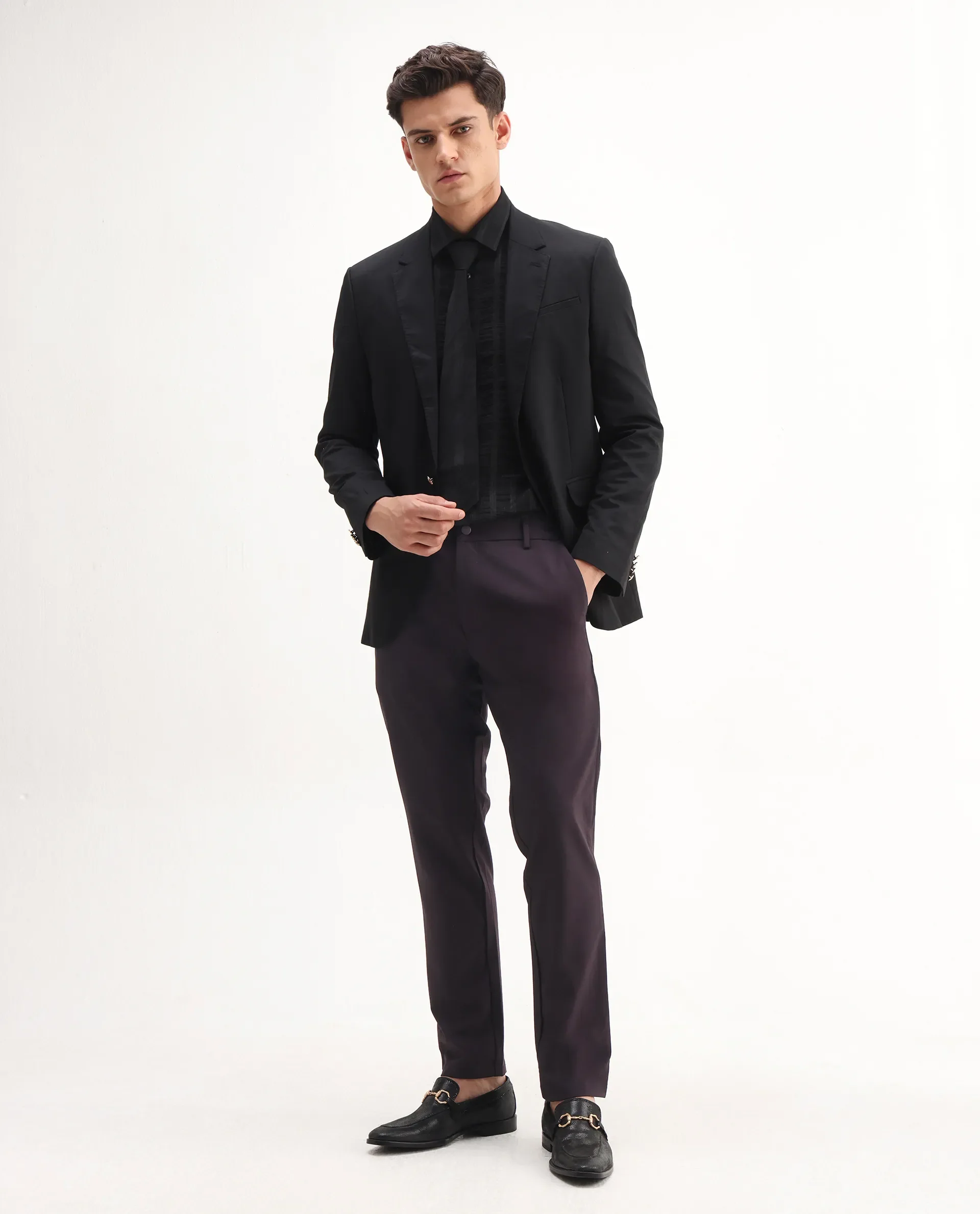 Rare Rabbit Men's Travel-Aw25 Dark Maroon Polyester Blend Plain Regular Fit Trouser