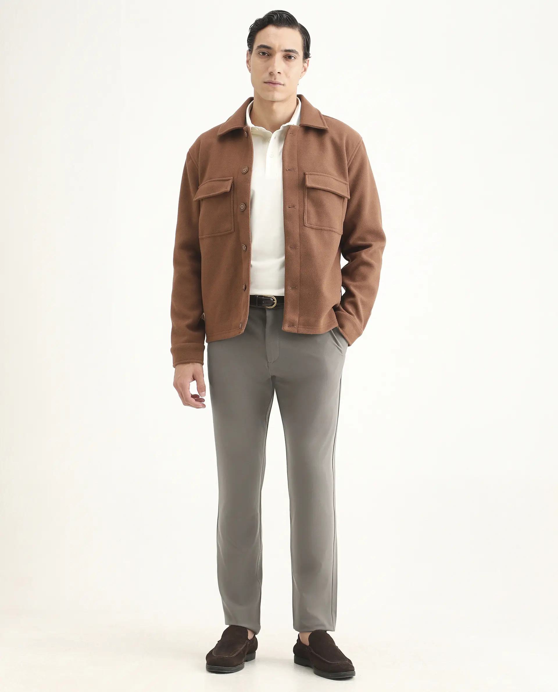 Rare Rabbit Men's Travel-Ss26 Dark Beige Polyester Fabric Button And Zip Closure Closure Plain Trouser