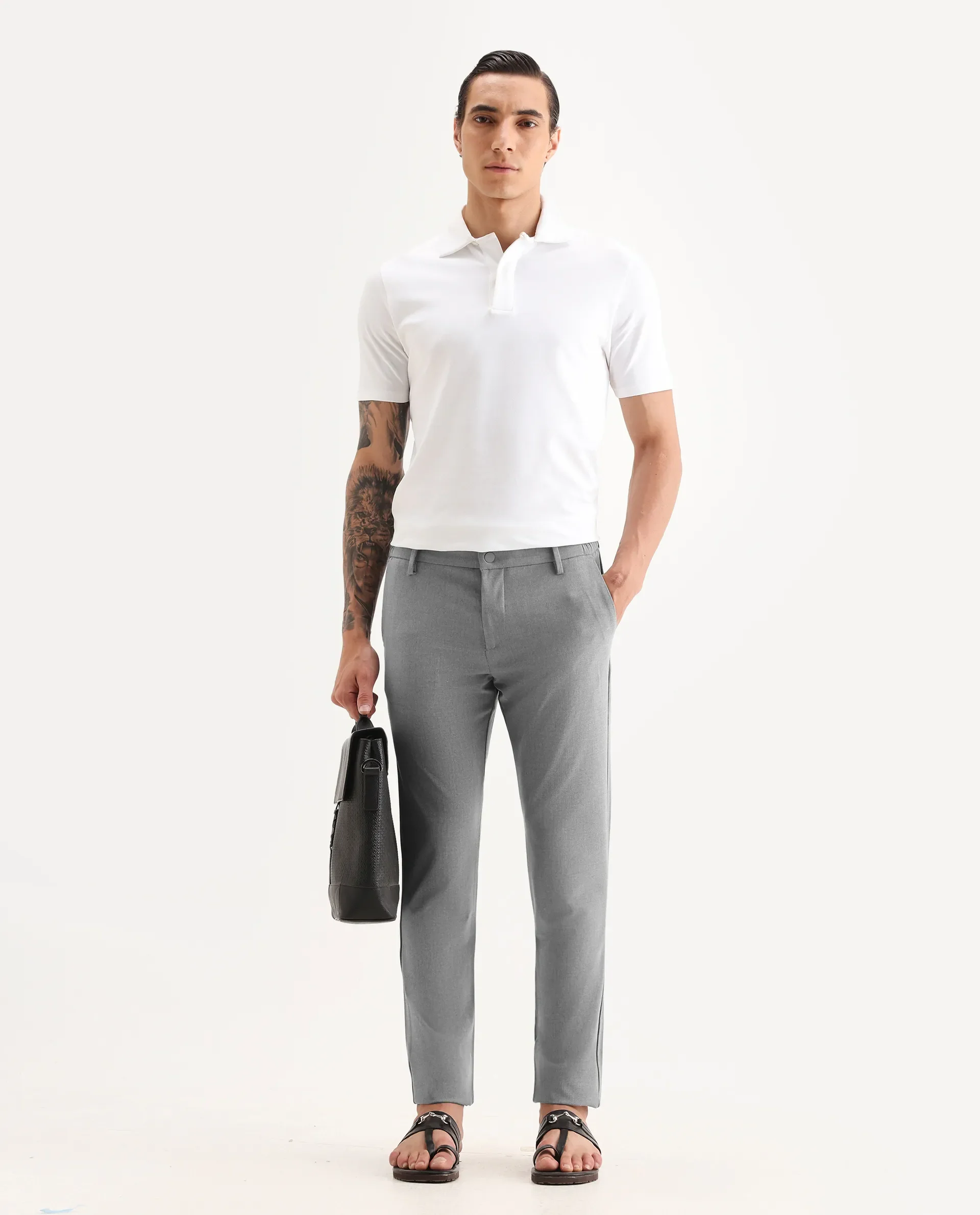 Rare Rabbit Men's Traveller Grey Solid Mid-Rise Regular Fit Trouser