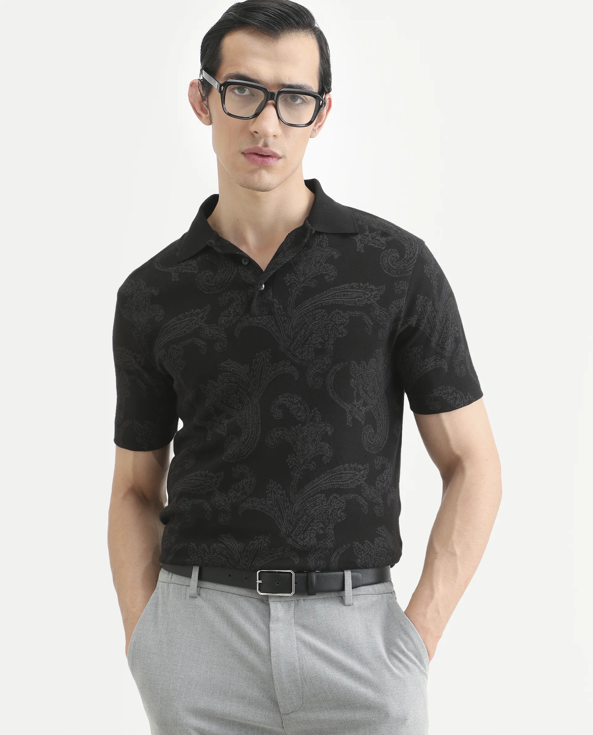 Rare Rabbit Men's Tred Black Cotton Fabric Half Sleeve Spread Collar Paisley Polo