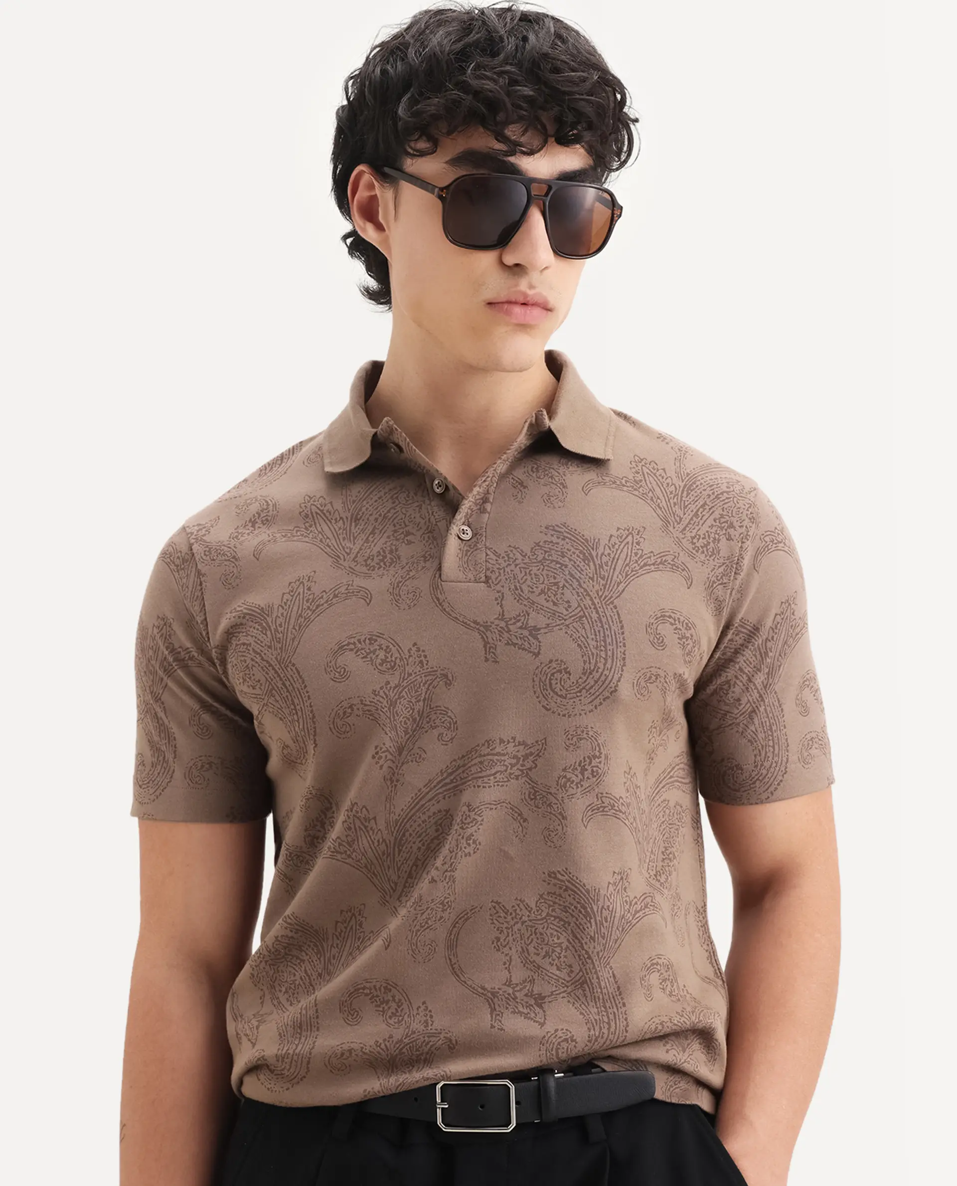 Rare Rabbit Men's Tred Dusky Brown Cotton Fabric Half Sleeve Spread Collar Paisley Polo