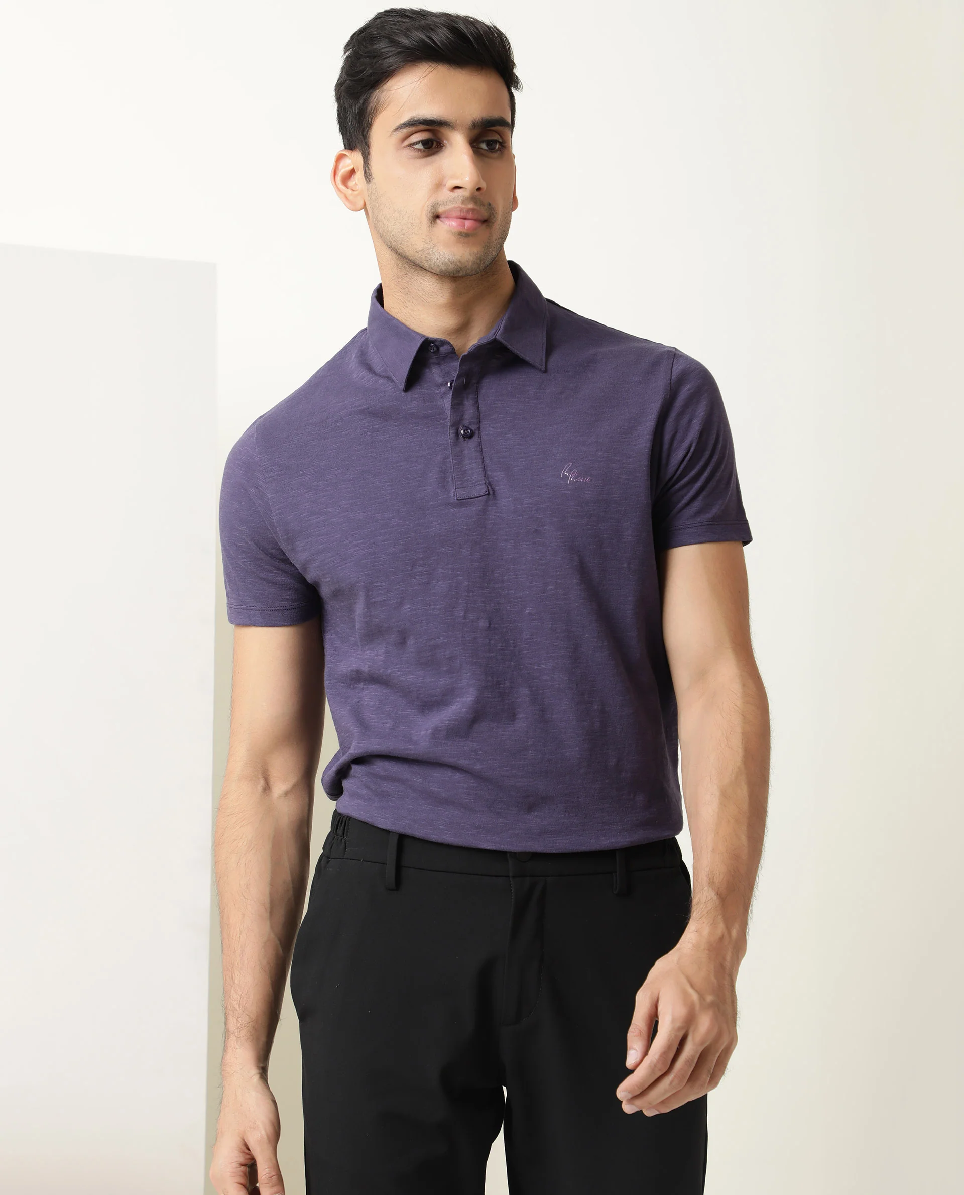 Rare Rabbit Men's Trent Purple Cotton Plain Regular Fit Half Sleeve Polo