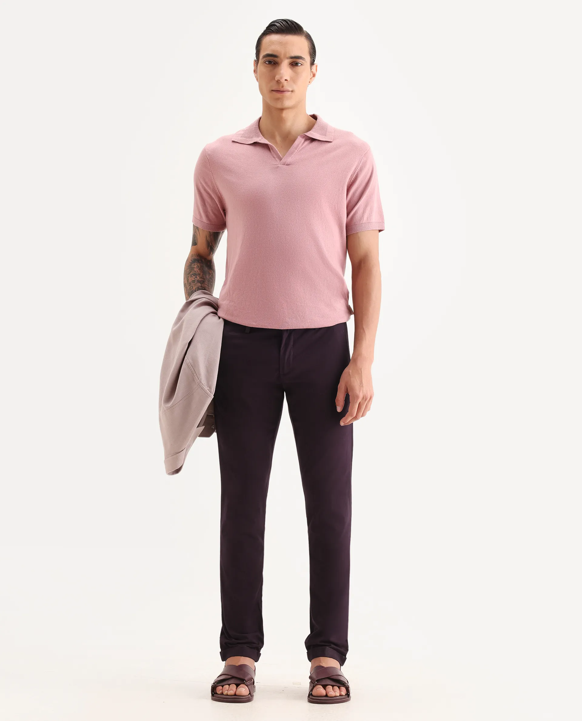 Rare Rabbit Men's Trews-22 Maroon Cotton Plain Regular Fit Trouser