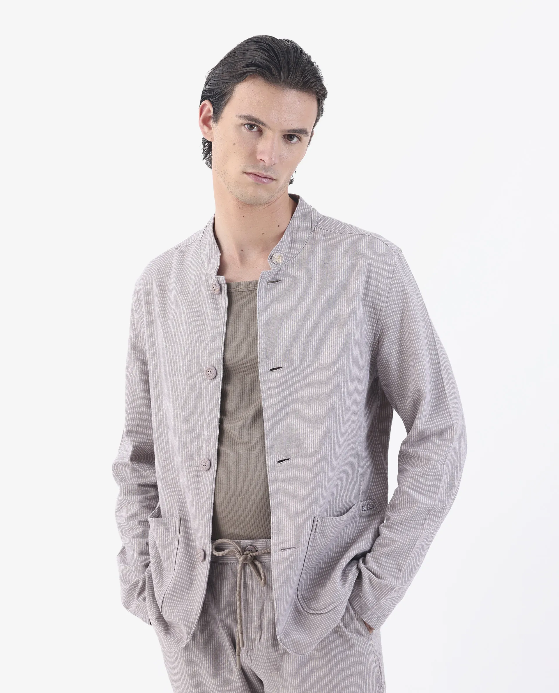 Rare Rabbit Men's Trex Pink Linen Blend Striped Print Regular Fit Full Sleeve Mandarin Collar Jacket