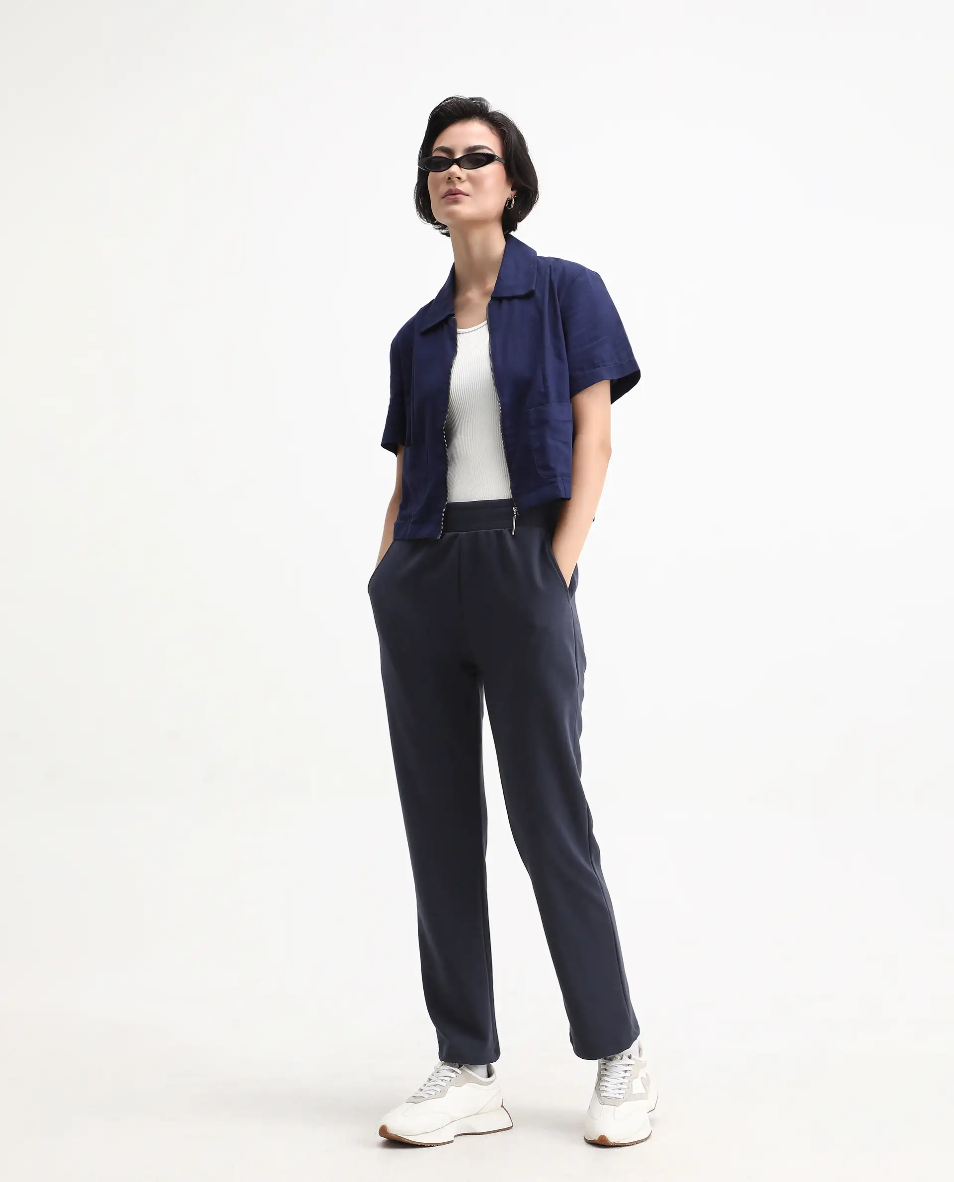 Rareism Women's Tribon Navy Cotton Blend Straight Fit Track Pant