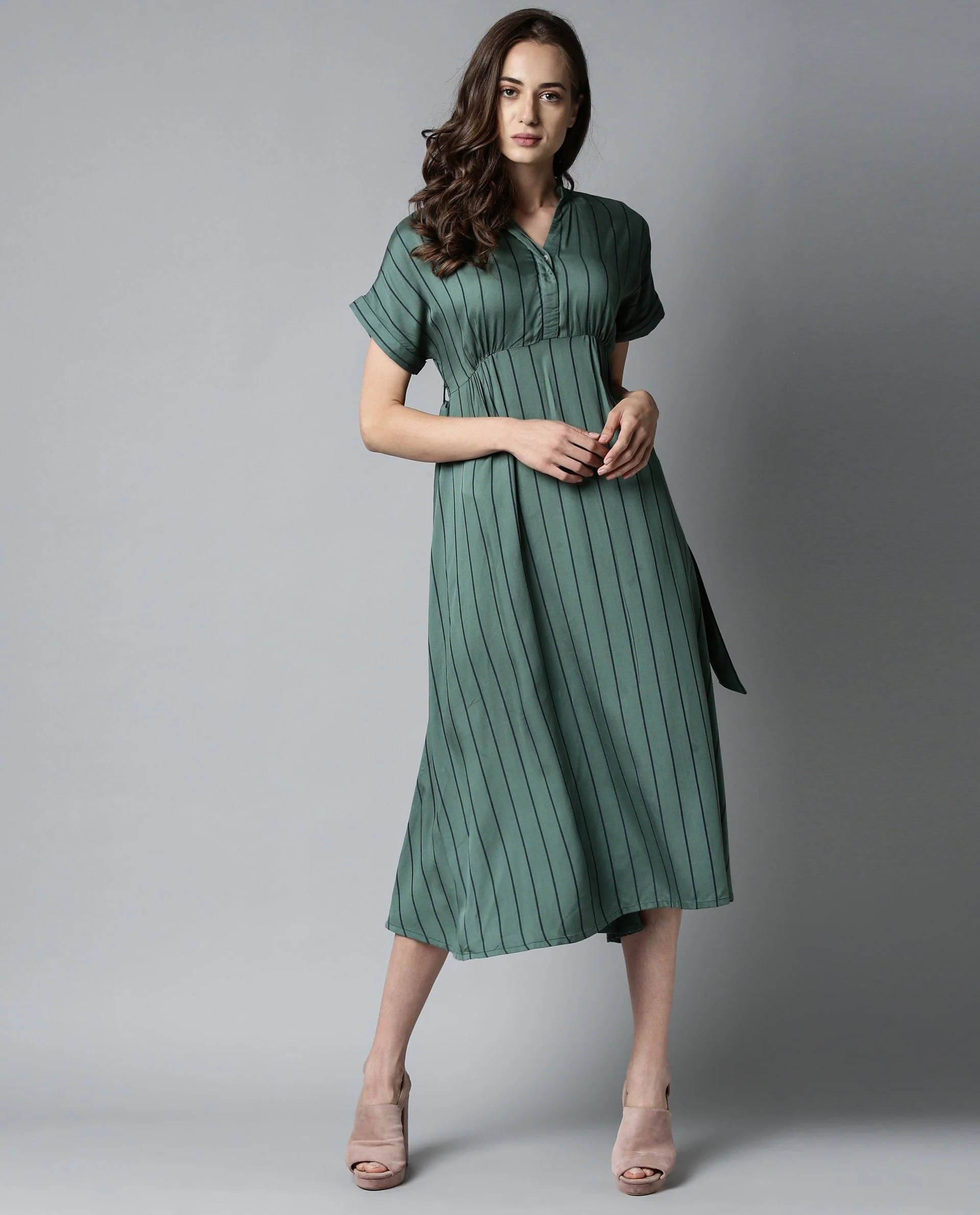 Rareism Women Tudor Green Dress Full Sleeves Stripe