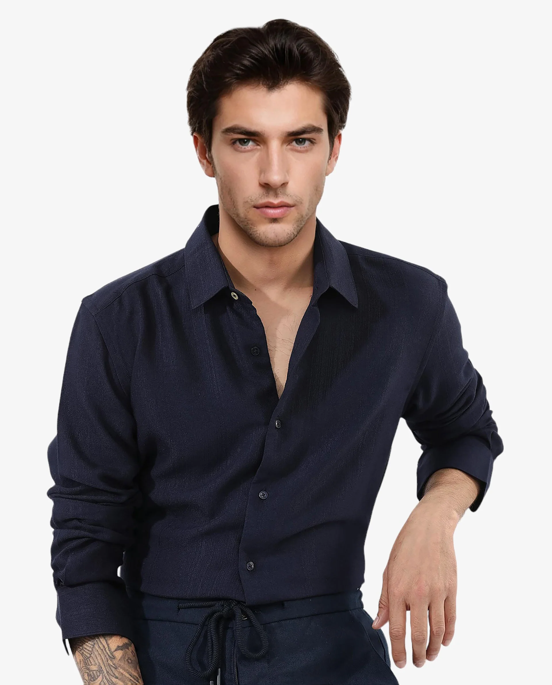 Rare Rabbit Men's Ufa Navy Viscose Plain Regular Fit Full Sleeve Collared Shirt
