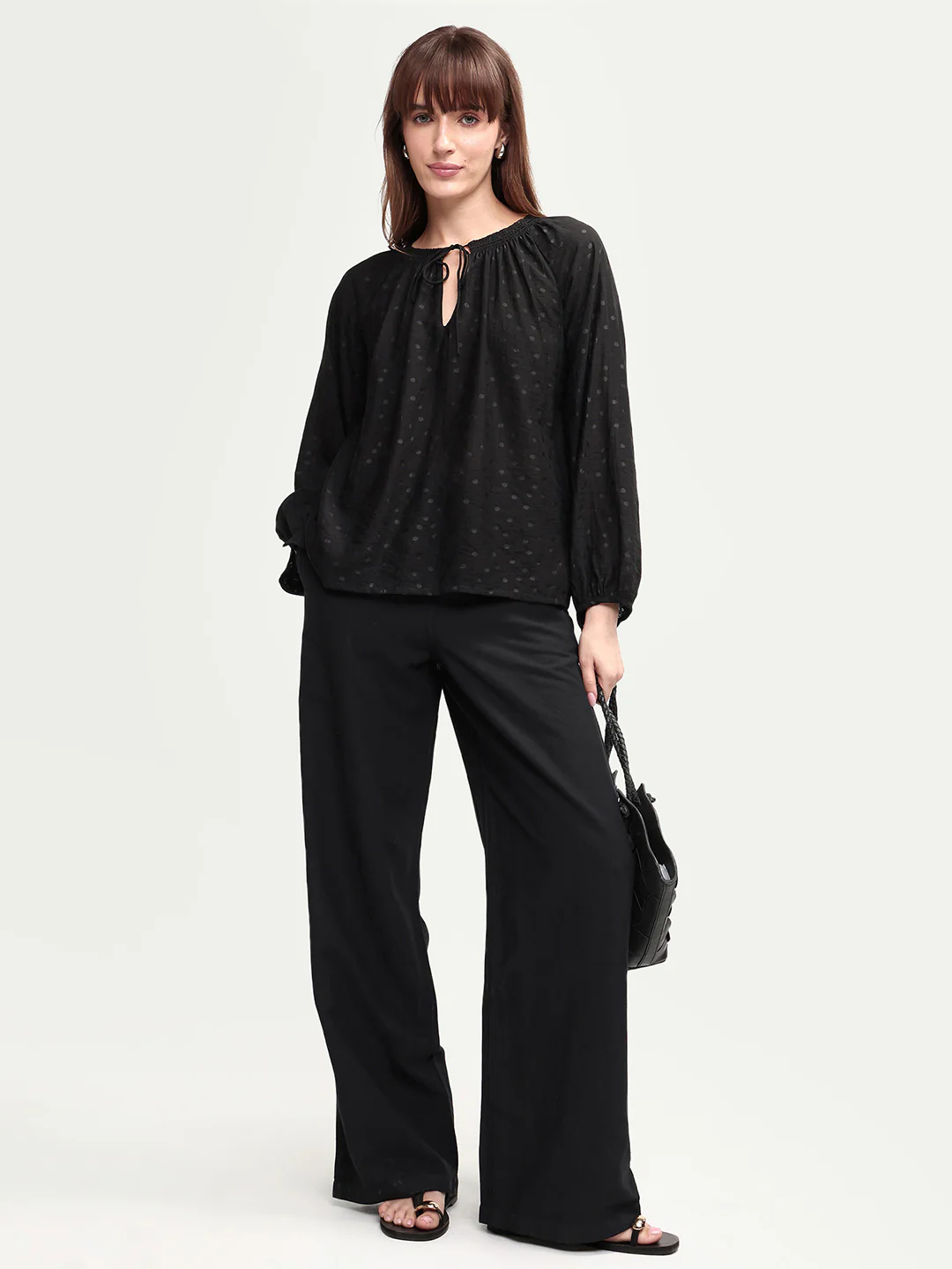 Rareism Women's Uniq Light Black Linen Blend Straight Plain Trouser