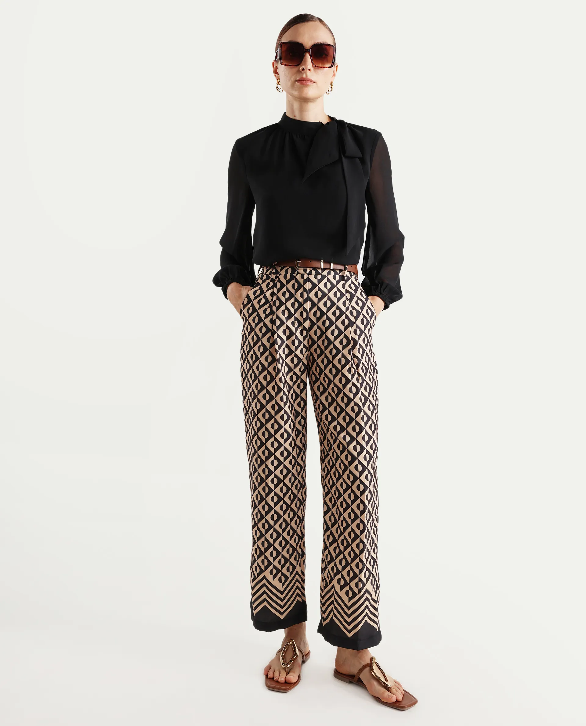 Rareism Women's Urapan Black Polyester Blend Geometric Print Ankle Length Straight Fit Trouser