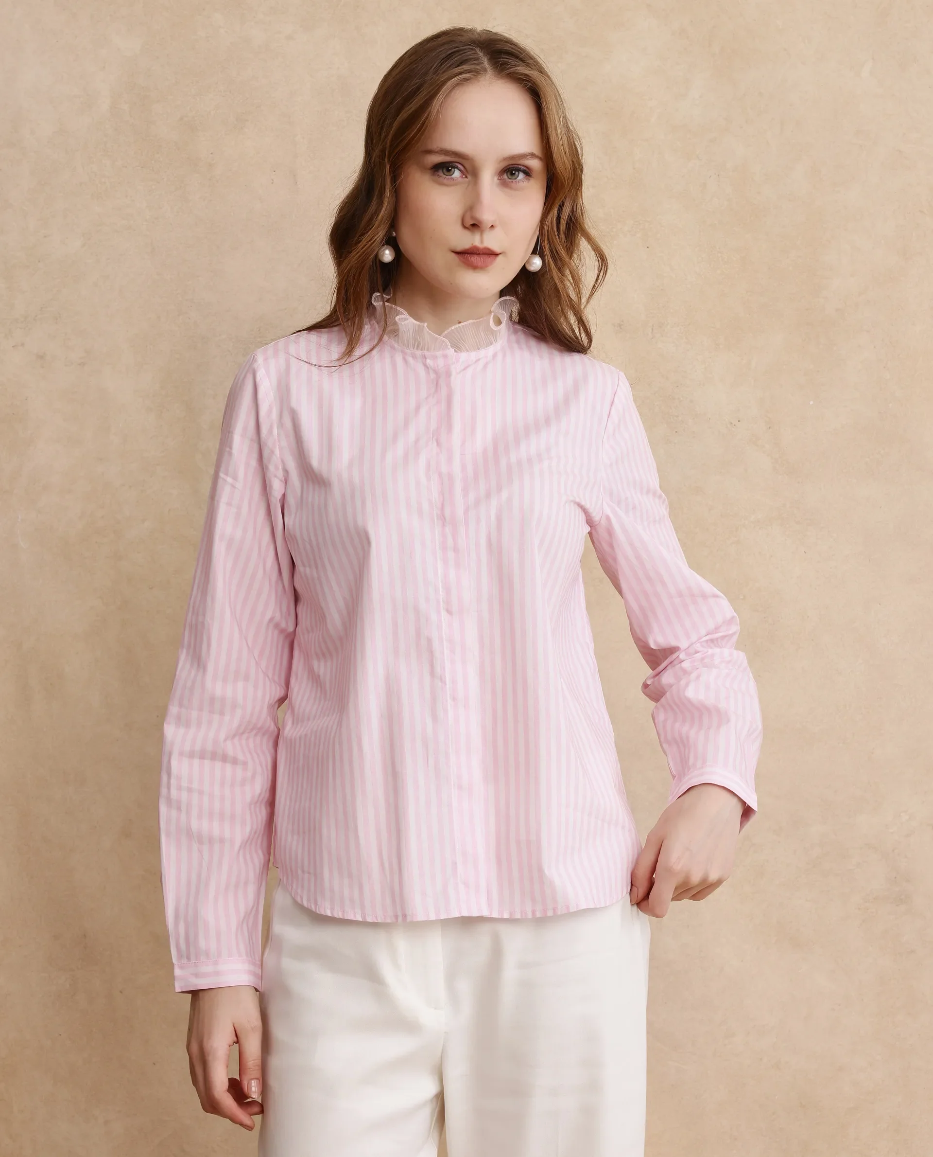 Rareism Women's Valencienne Light Pink Cotton Sweetheart Neck Striped Cuffed Sleeve Regular Fit Shirt