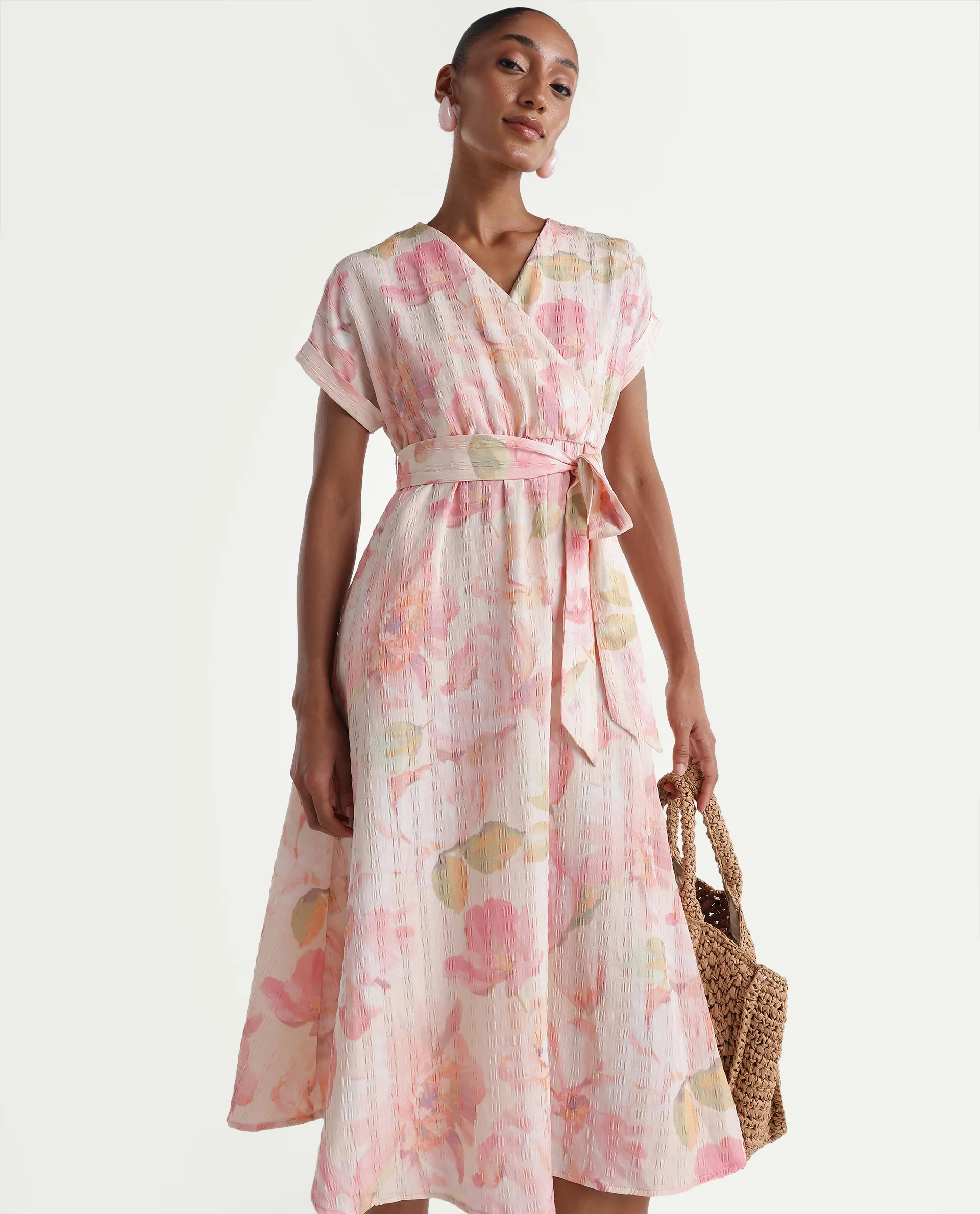 Rareism Women's Valno Light Multi Polyester Fabric Over Lap Flared Floral Print Dress