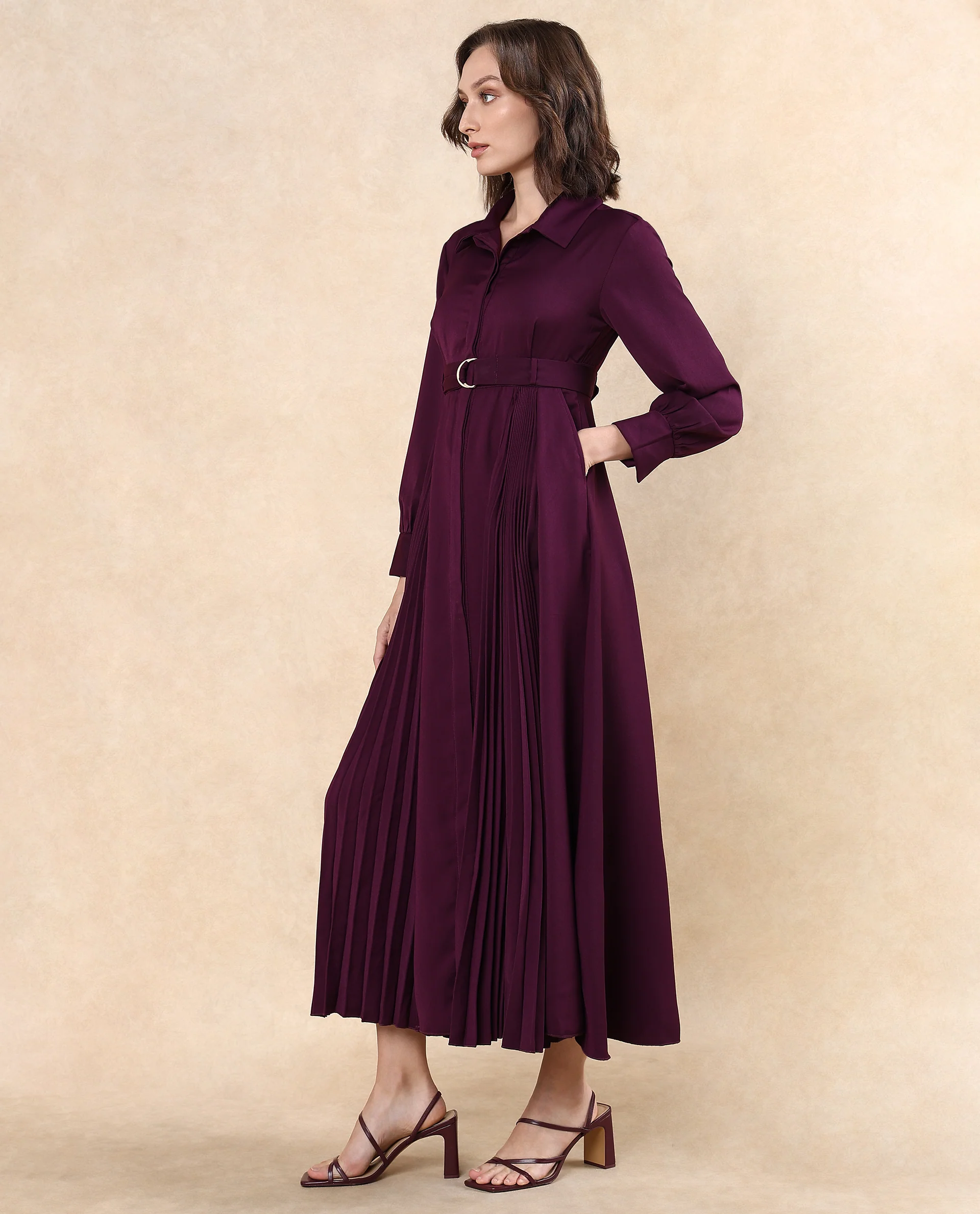 Rareism Women's Vanadzor Purple Satin Drop Collar Plain Bishop Sleeve Maxi Flared Dress