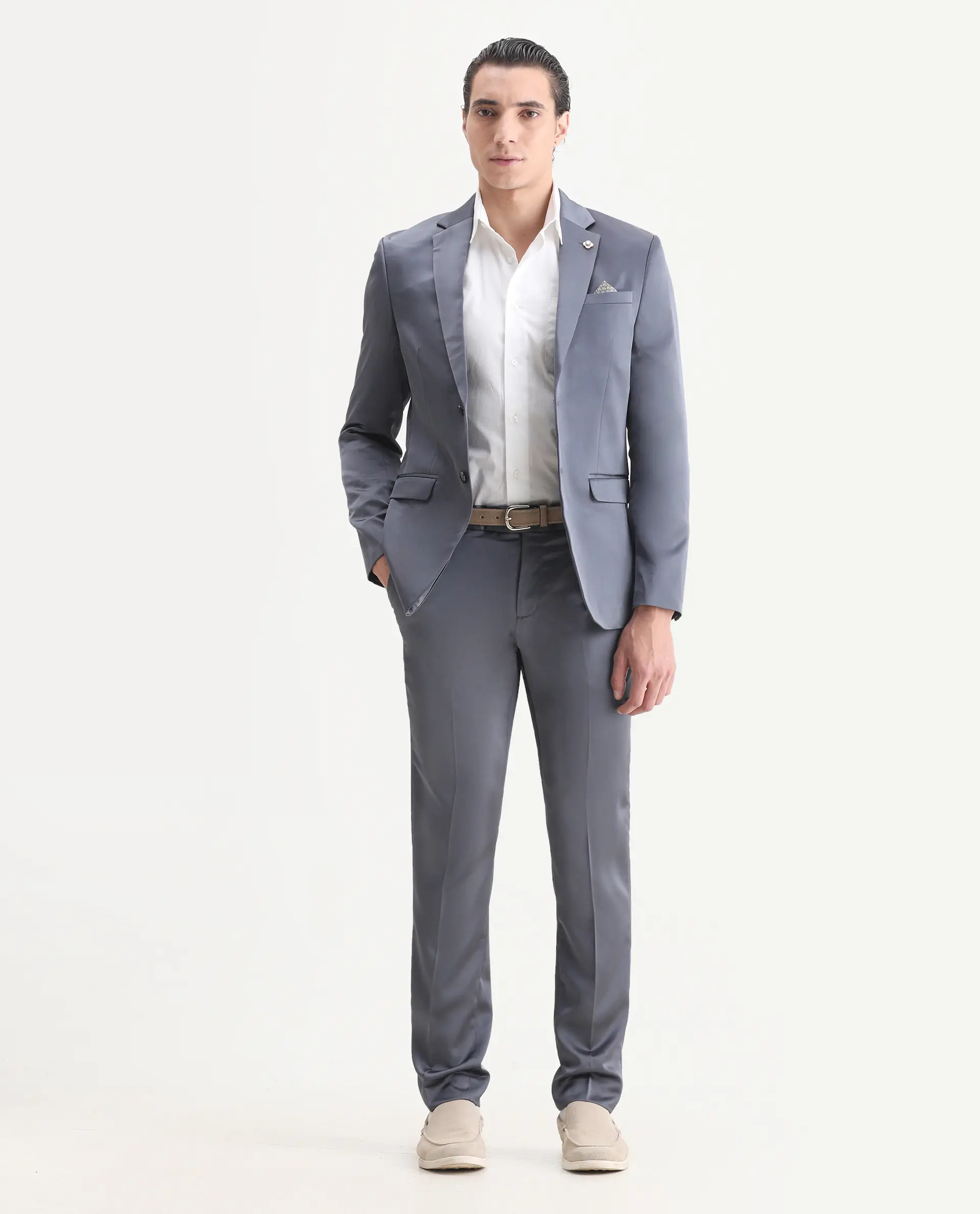 Rare Rabbit Men's Vance Dark Grey Satin Plain Tailored Fit Full Sleeve Lapel Neck Suits