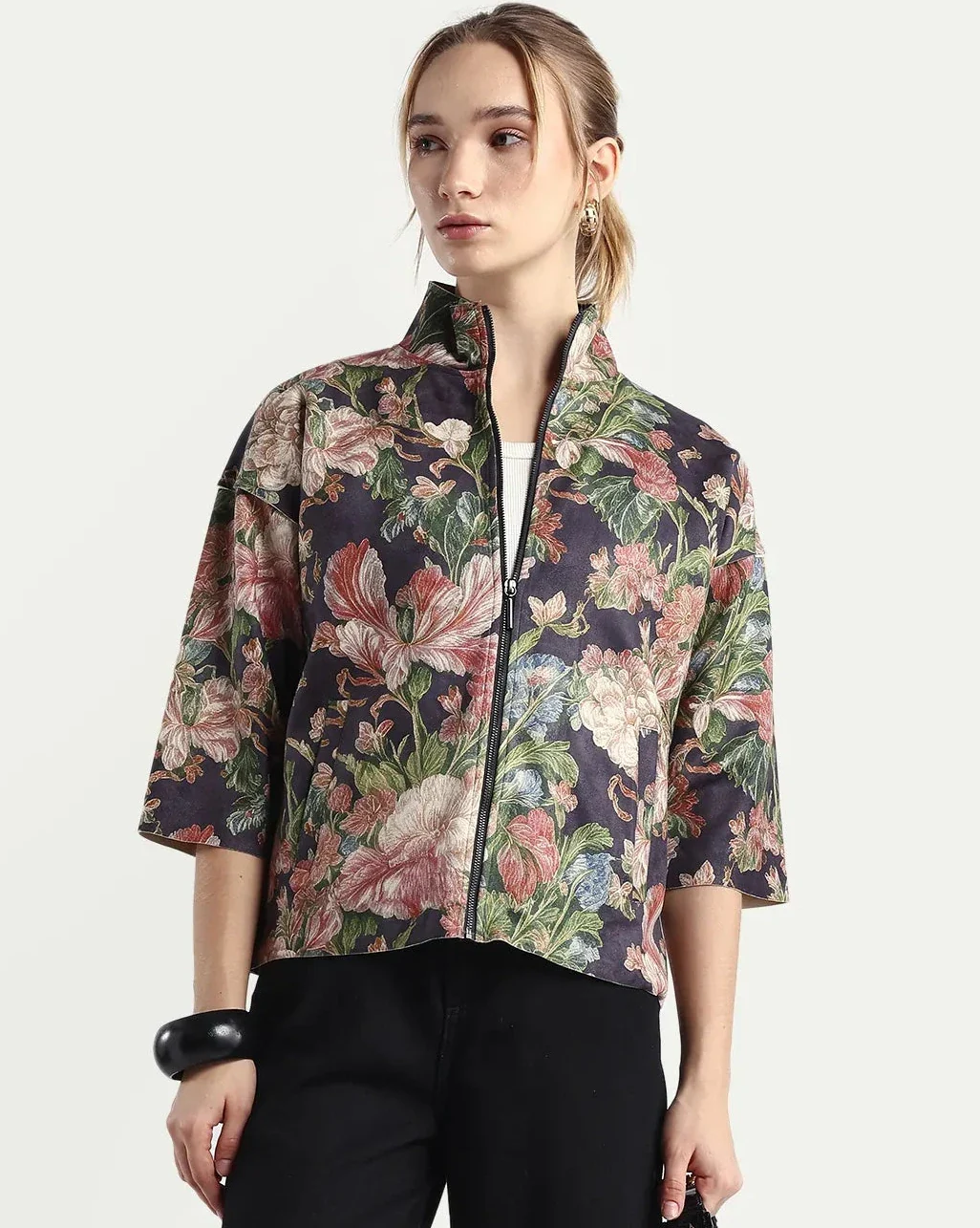 Rareism Women's Varo Grey Polyester Blend High Neck Boxy Fit Jacket