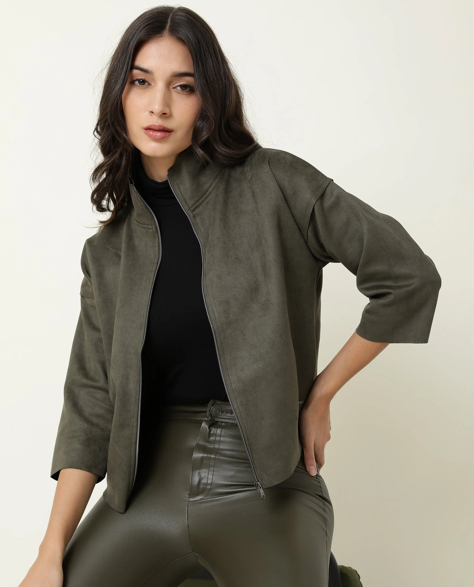 Rareism Women's Vasu Olive Polyester High Neck Plain Regular Fit Jacket