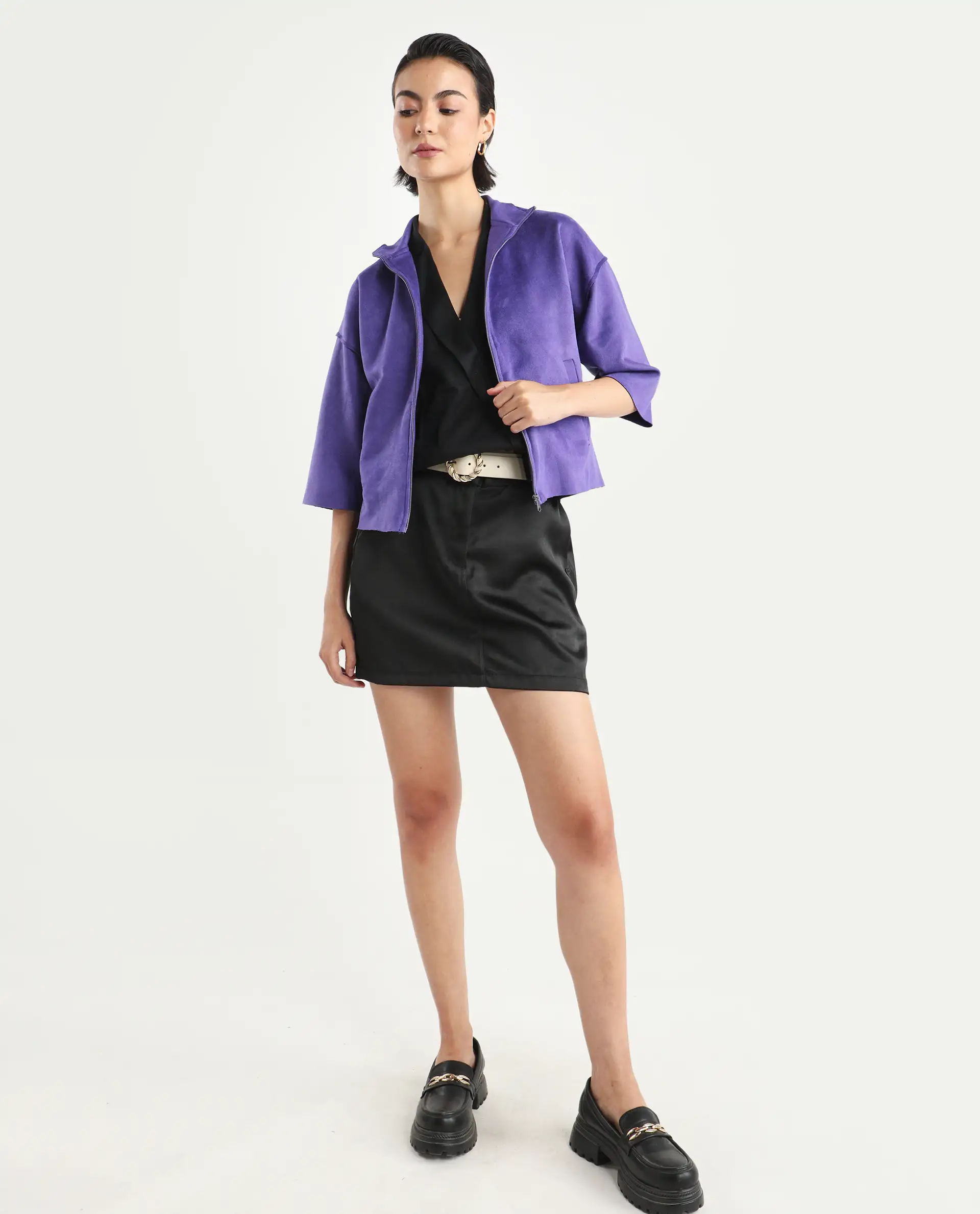 Rareism Women's Vasu 1 Purple Suede Mandarin Collar Plain Regular Fit Jacket
