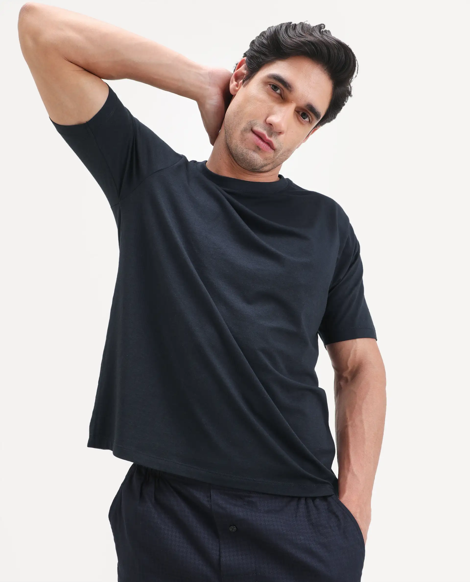 Rare Rabbit Men's Vaux Navy Cotton Modal Spandex Half Sleeve Regular Fit Plain T-Shirt