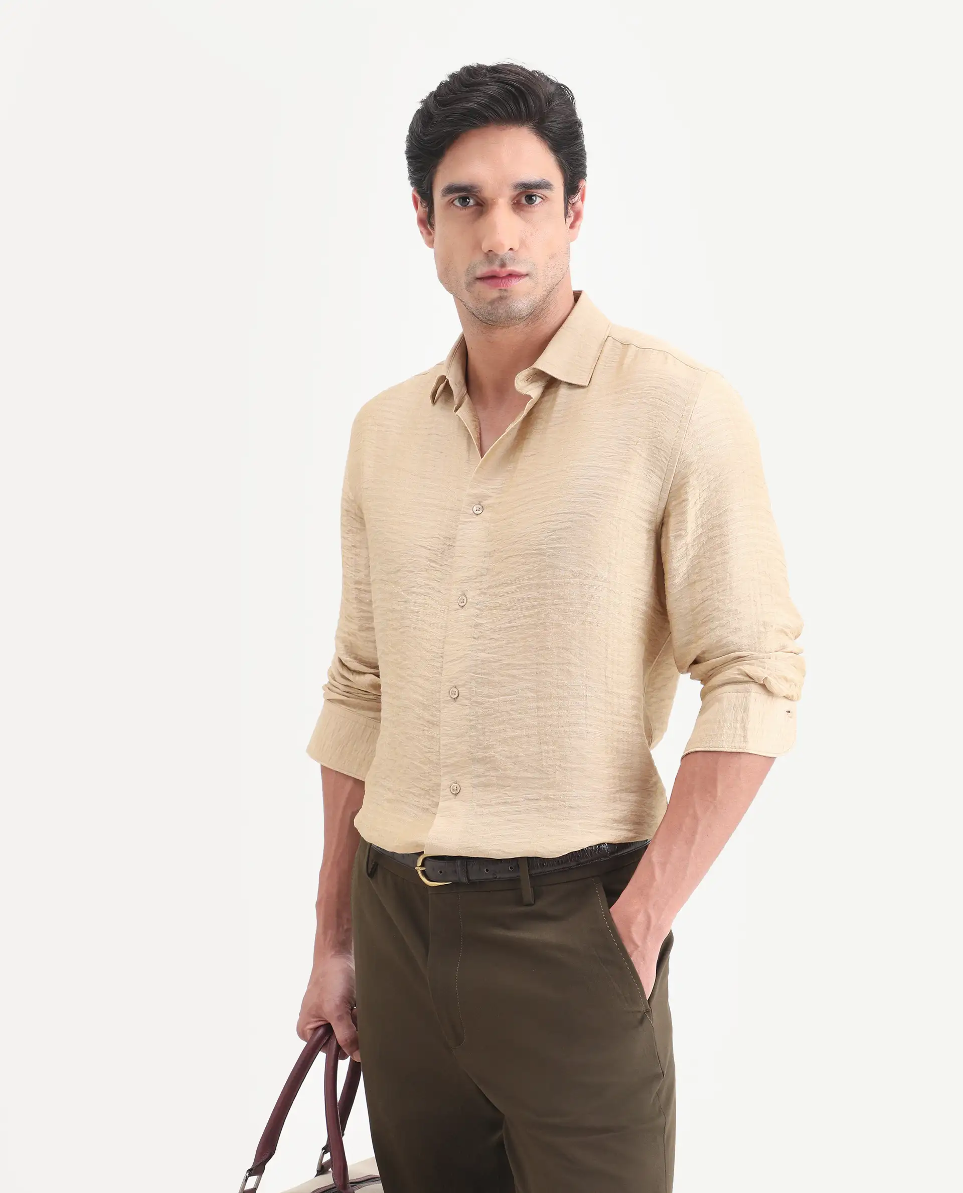 Rare Rabbit Men's Vaxon-26 Light Beige Viscose Blend Full Sleeve Spread Collar Regular Fit Checked Shirt