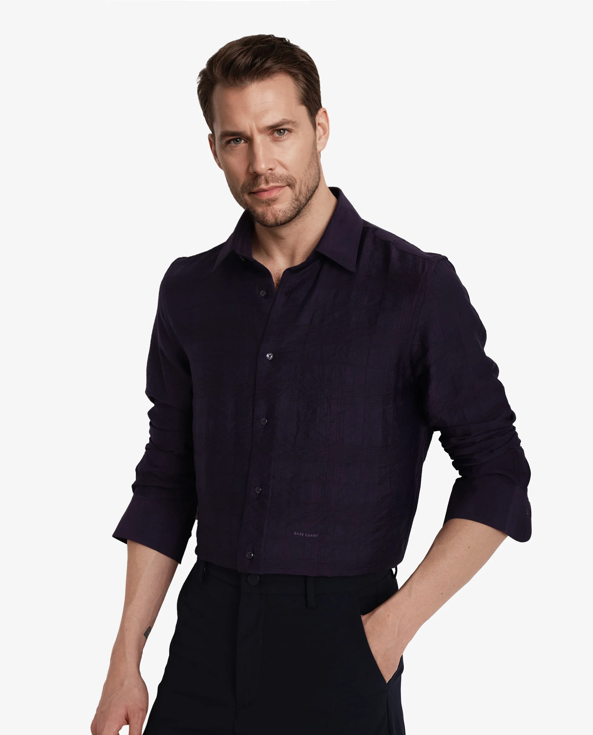 Rare Rabbit Men's Vaxon Purple Viscose Checked Print Regular Fit Full Sleeve Collared Shirt