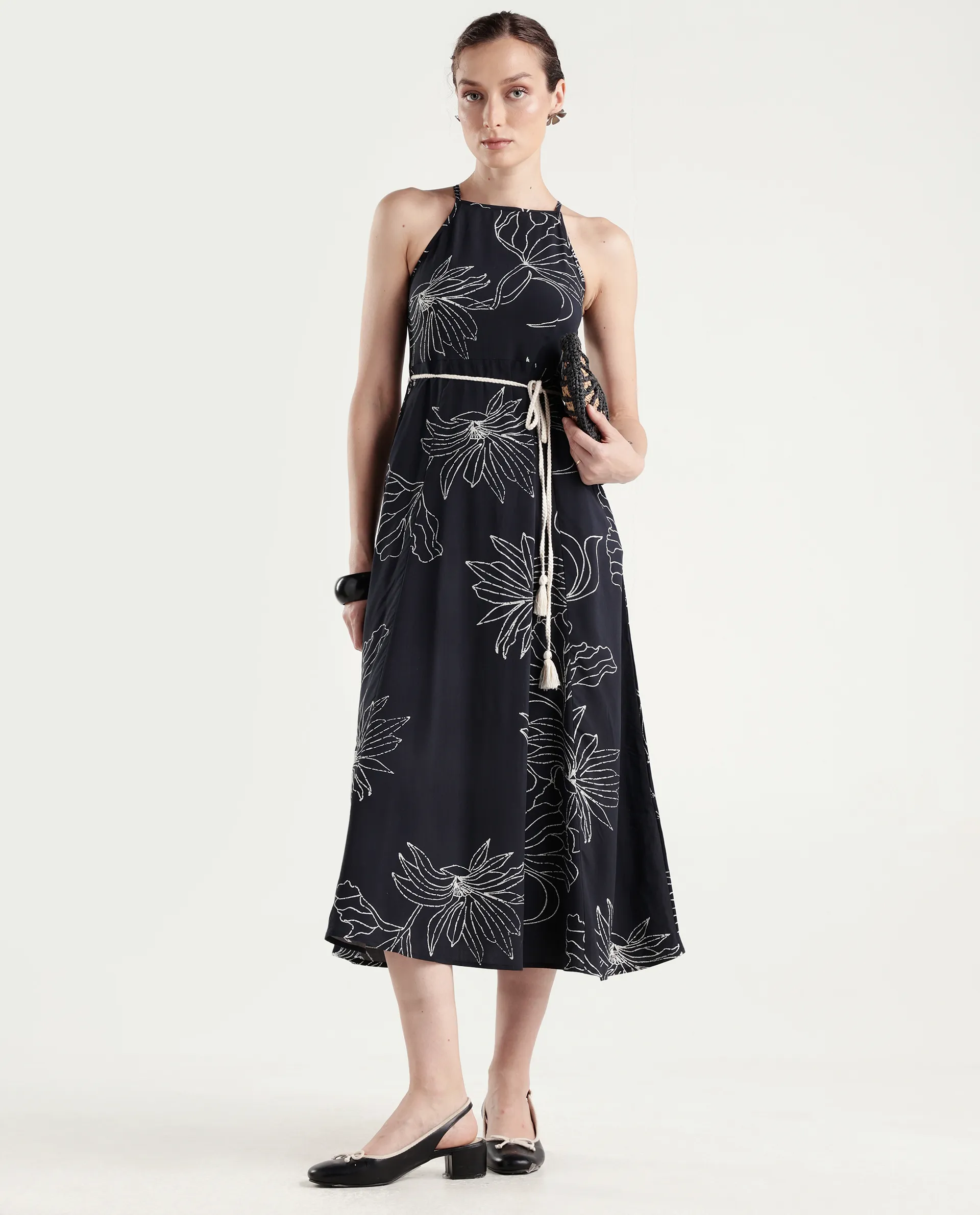 Rareism Women's Veana Black Viscose Sleeveless A-Line Floral Print Dress