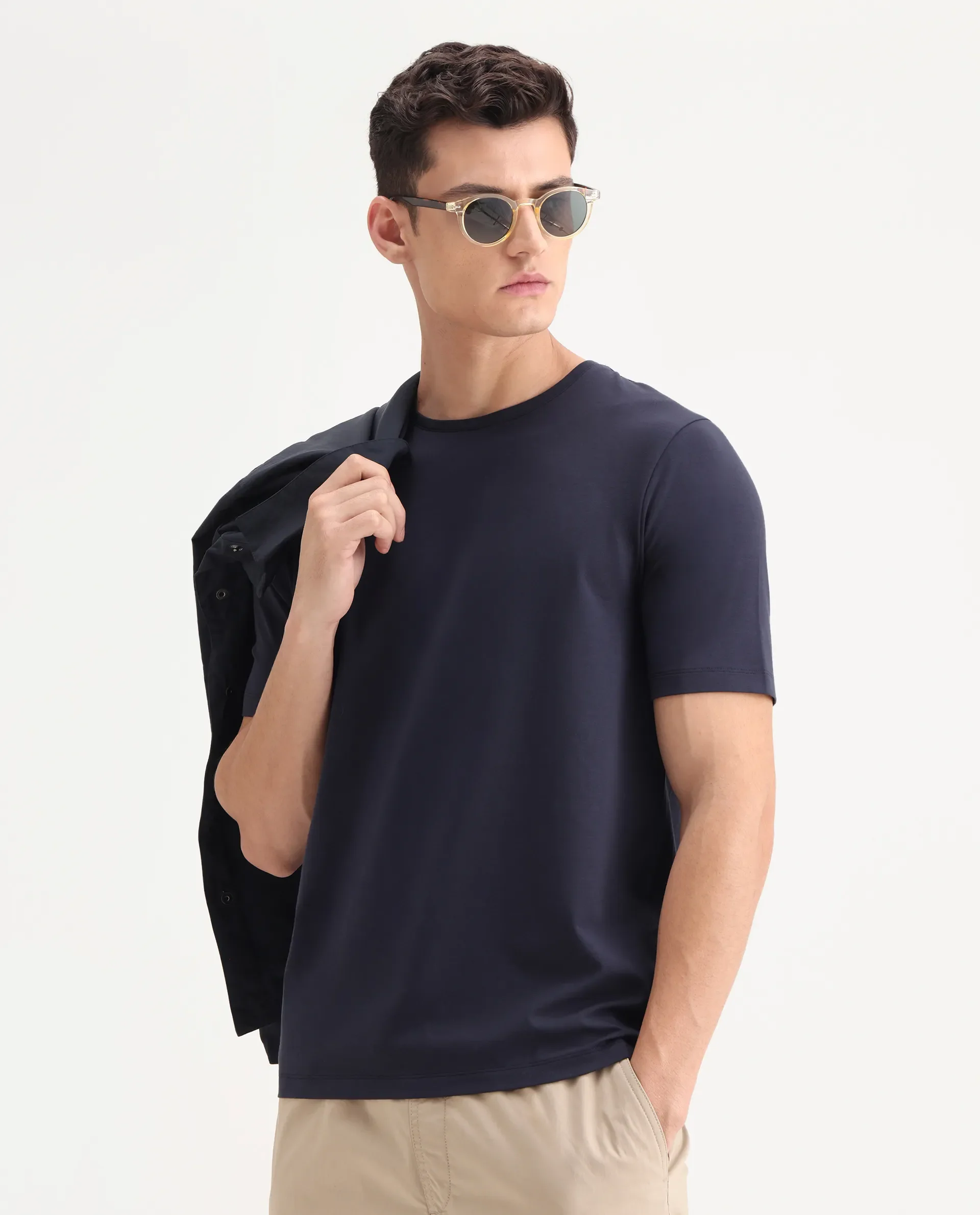Rare Rabbit Men's Veltra Dark Navy Cotton Blend Plain Regular Fit Half Sleeve Crew Neck T-Shirt
