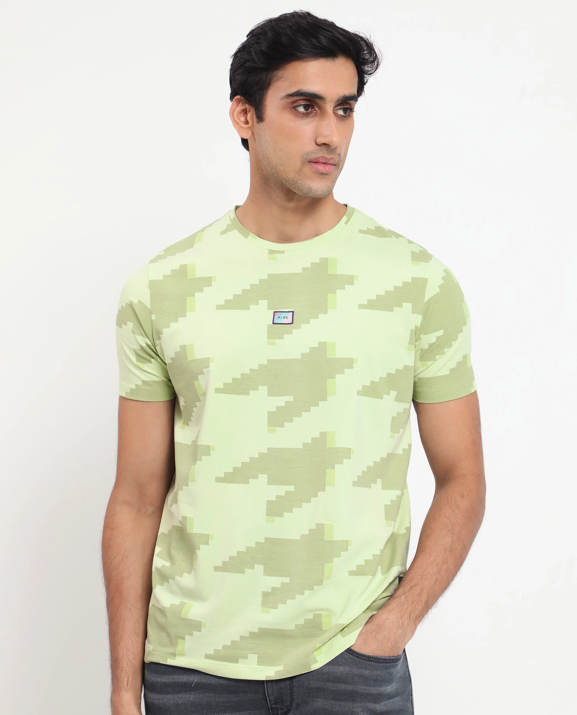Rare Rabbit Men's Venus Light Green Cotton Graphic Print Slim Fit Half Sleeve Crew Neck T-Shirt