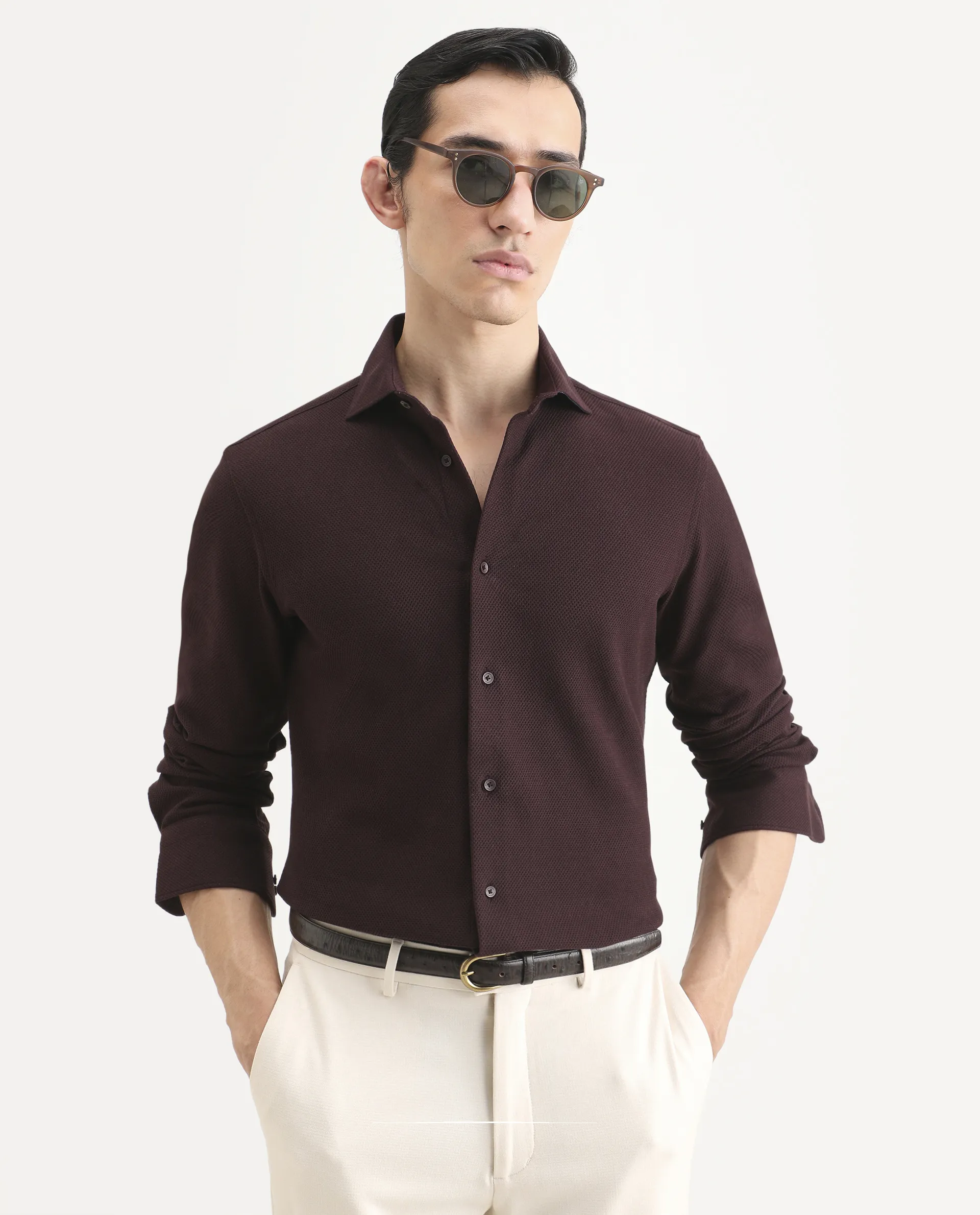Rare Rabbit Men's Venziya-25 Dark Maroon Cotton Fabric Spread Collar Regular Fit Textured Shirt