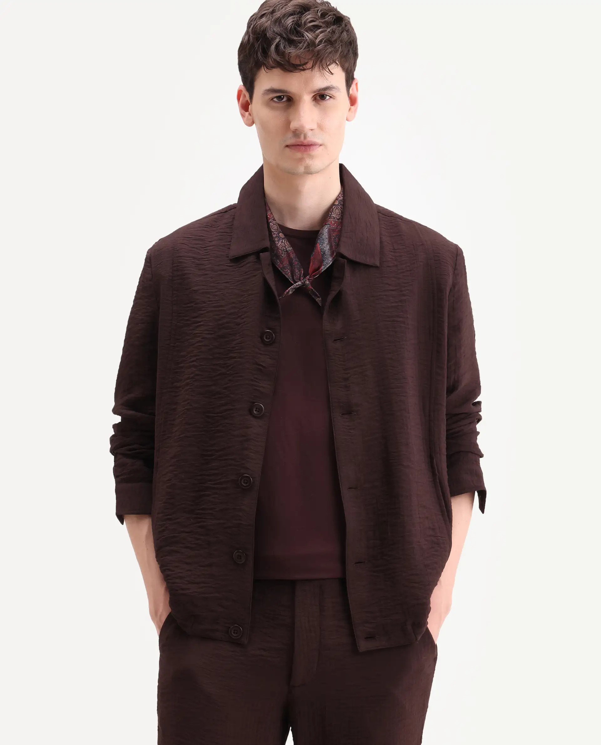 Rare Rabbit Men's Veon-J Dark Brown Viscose Blend Fabric Full Sleeve Spread Collar Regular Fit Plain Shacket