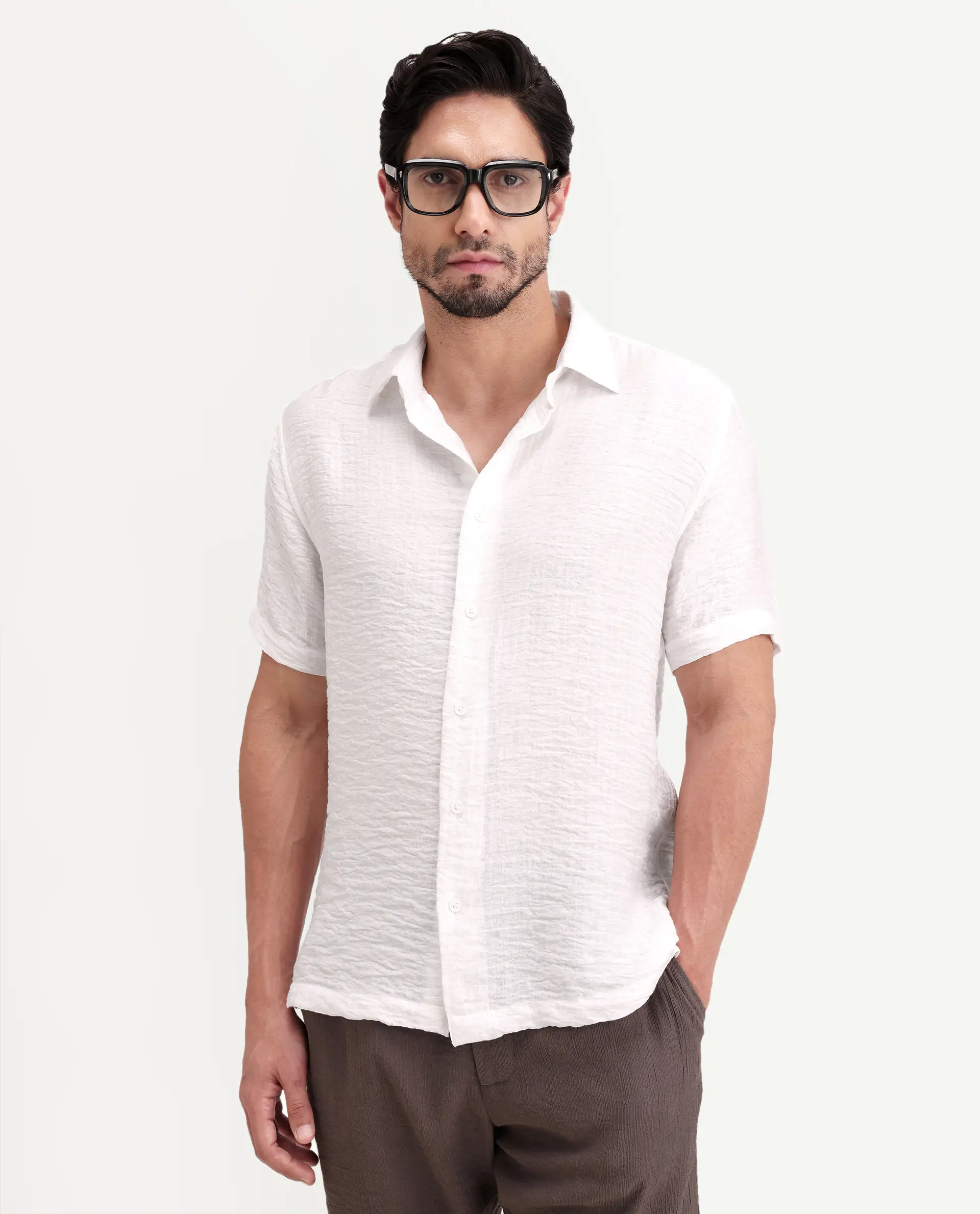 Rare Rabbit Men's Veon-Ss Off White Viscose Blend Fabric Half Sleeve Spread Collar Regular Fit Plain Shirt