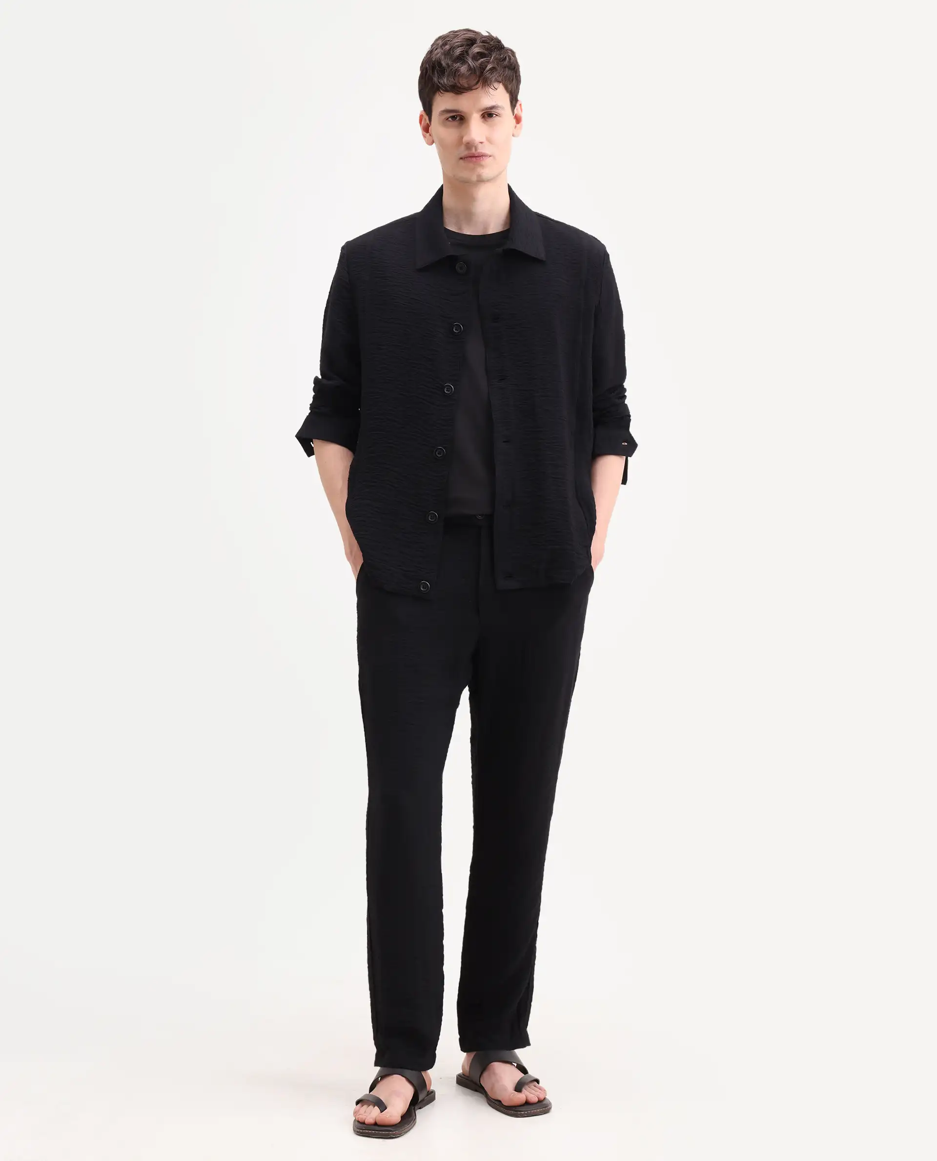 Rare Rabbit Men's Veon-T Black Viscose Blend Fabric Regular Fit Plain Trouser