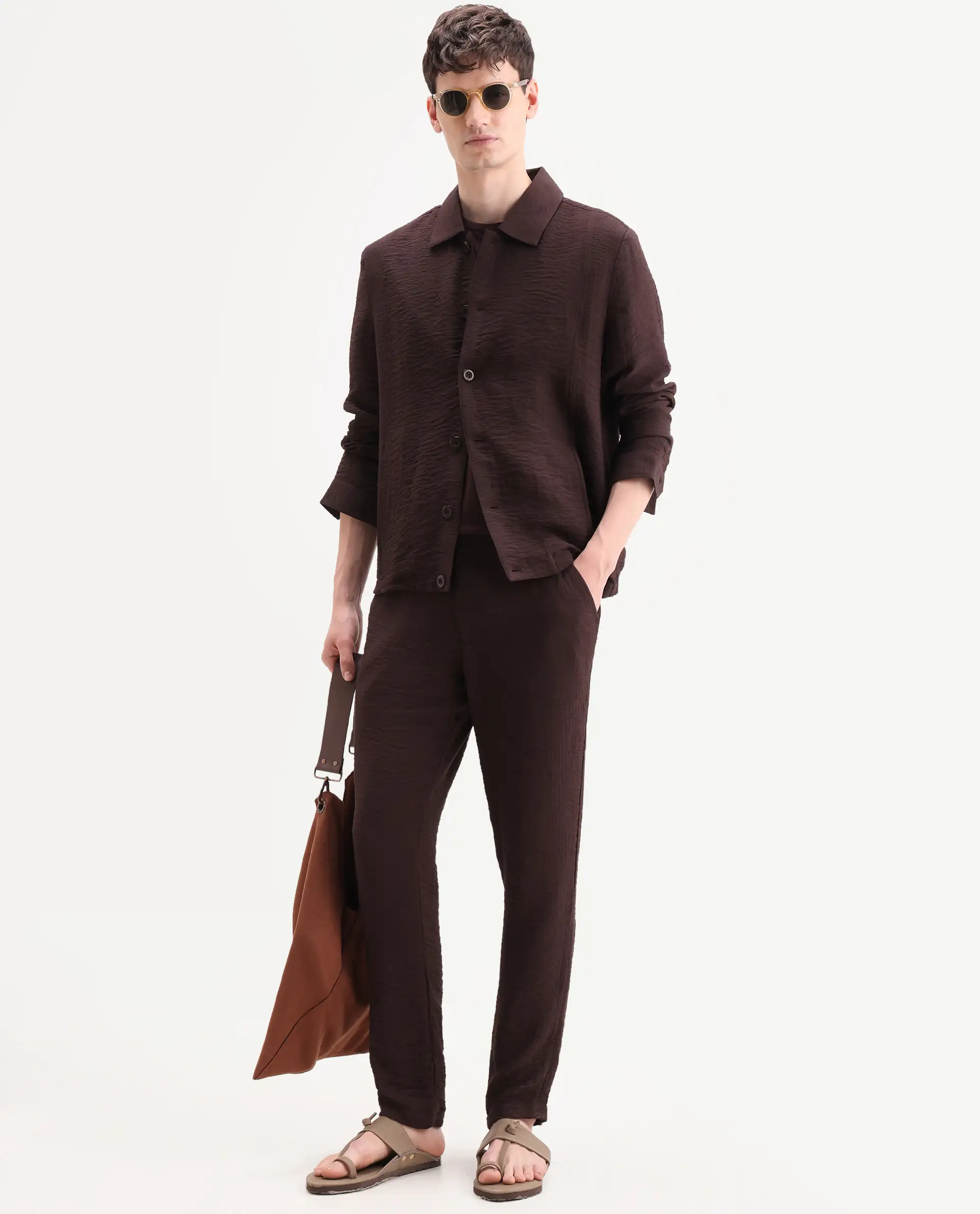 Rare Rabbit Men's Veon-T Dark Brown Viscose Blend Fabric Regular Fit Plain Trouser