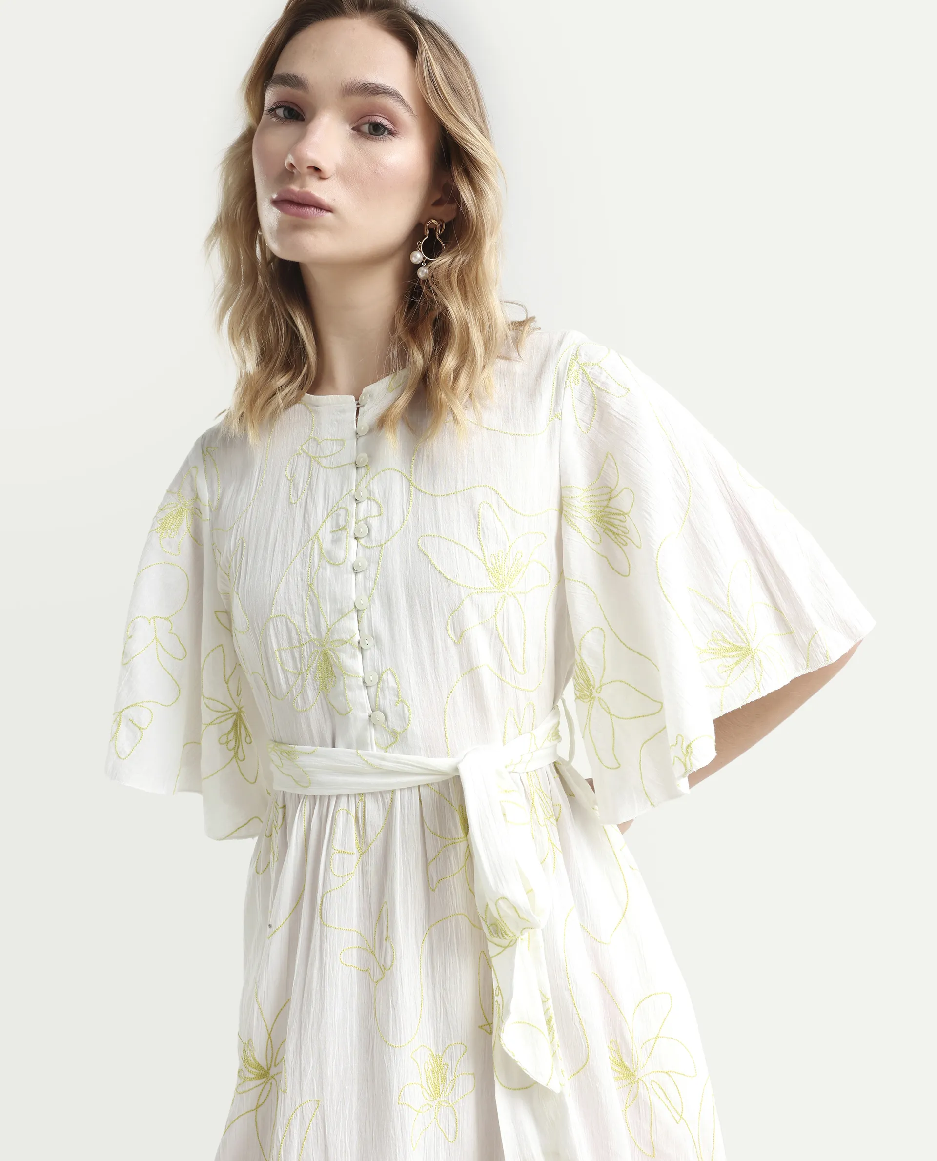 Rareism Women's Vera White Cotton Crew Neck Embroidered Bell Sleeve Maxi Fit And Flare Dress