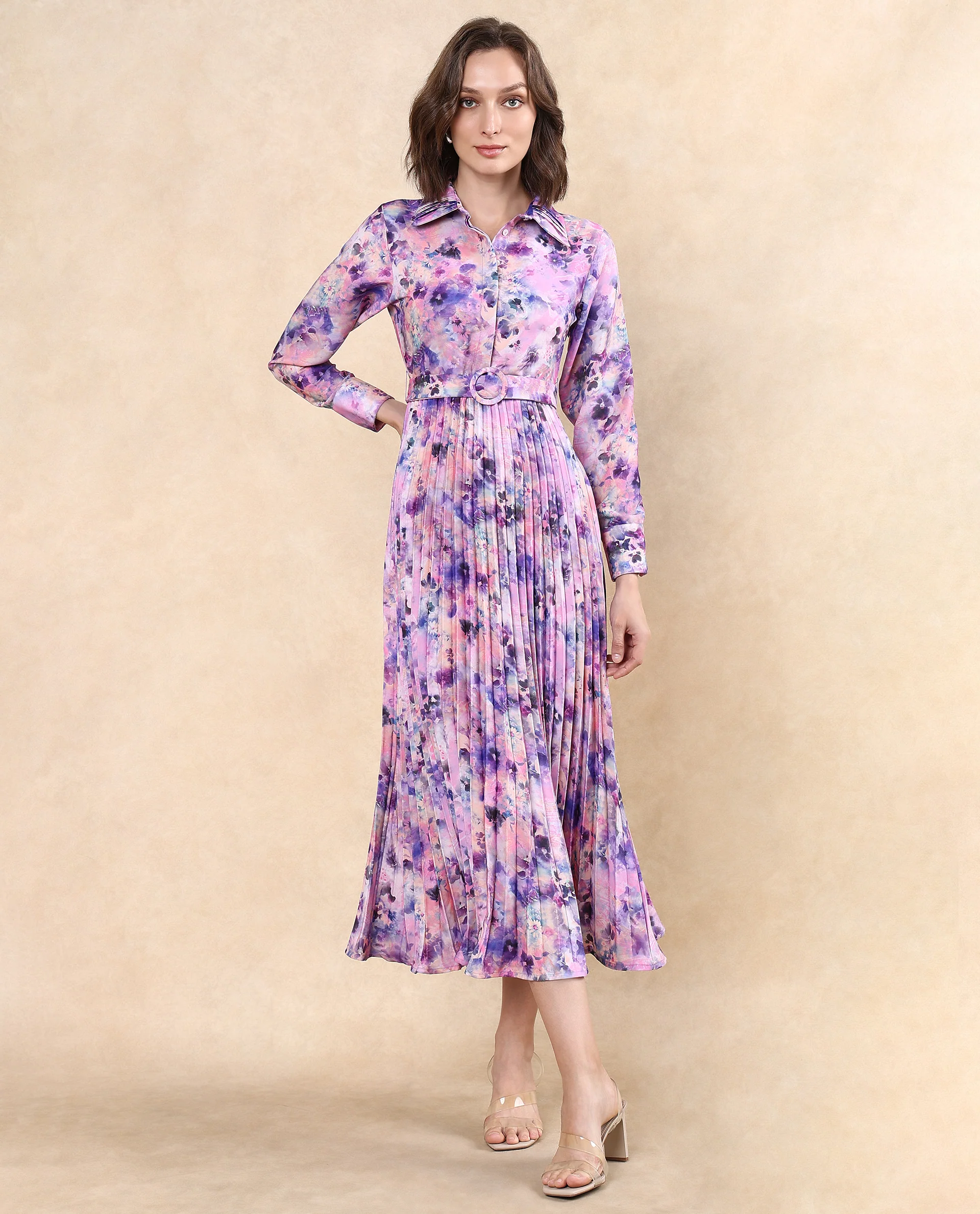 Rareism Women's Verdem Pastel Multi Polyester Blend Drop Collar Floral Print Bishop Sleeve Maxi Flared Dress