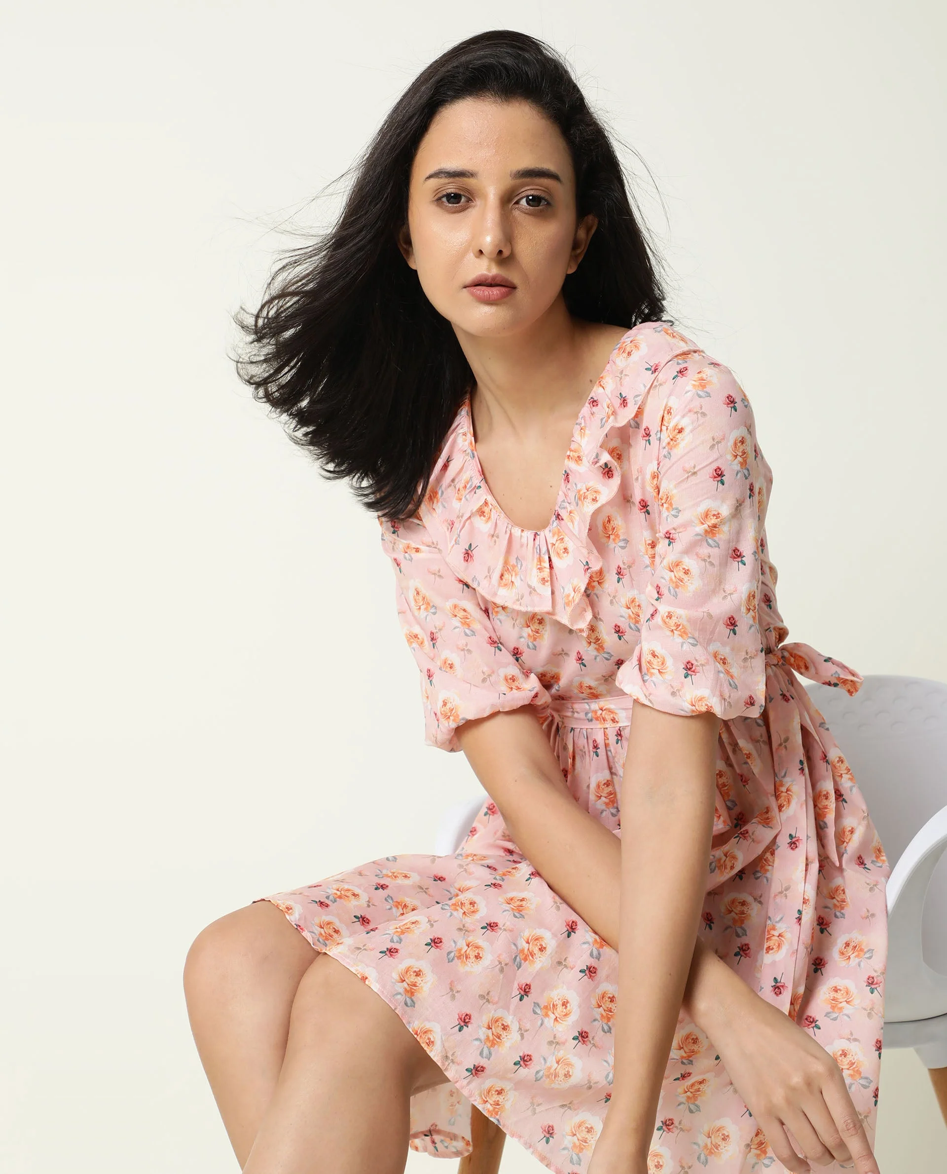 Rareism Women's Verna Pink Cotton V-Neck Floral Print Balloon Sleeve Knee Length Regular Fit Dress