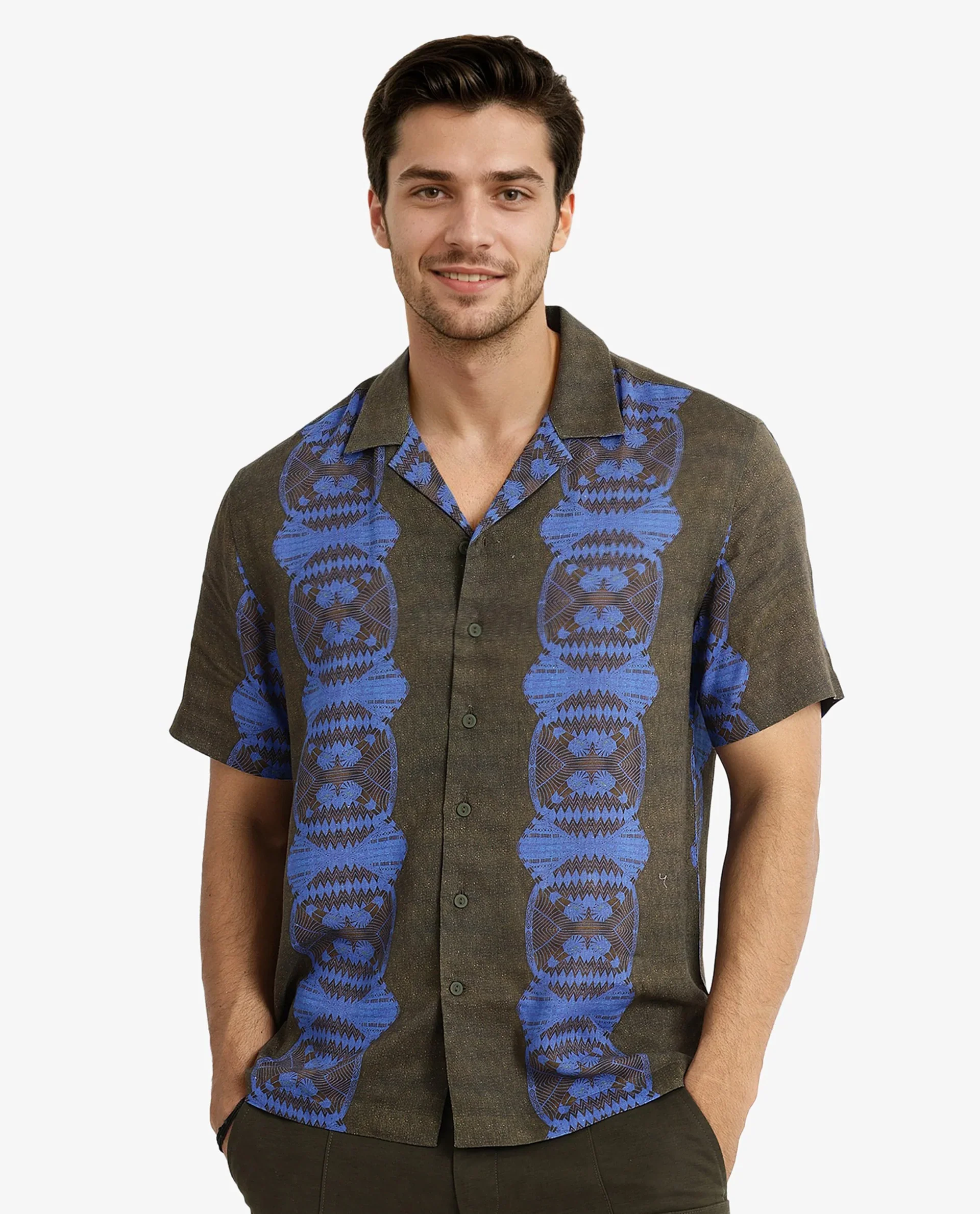 Rare Rabbit Men's Vero Olive Linen Blend Abstract Print Boxy Fit Half Sleeve Cuban Collar Shirt